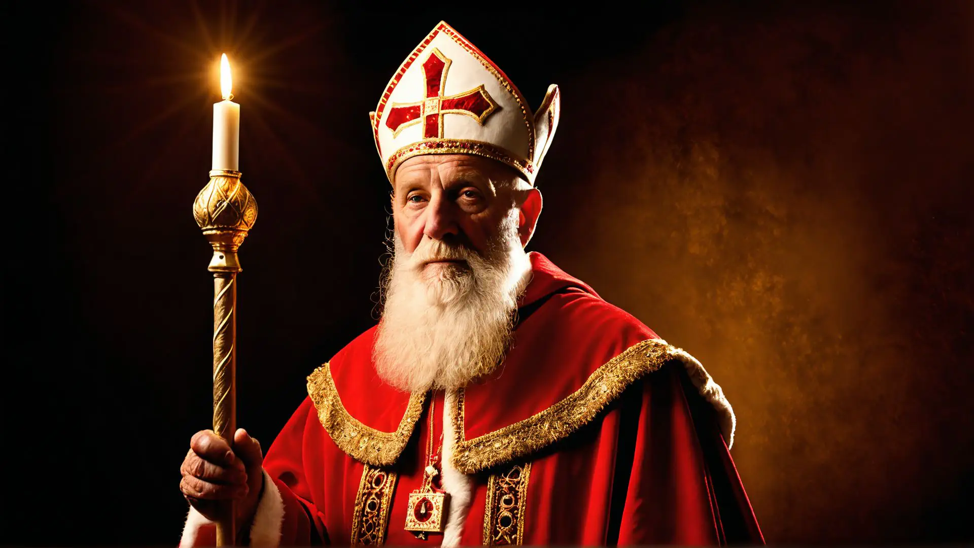 Traditionele Sinterklaas portretfoto met mijter en staf in warm licht