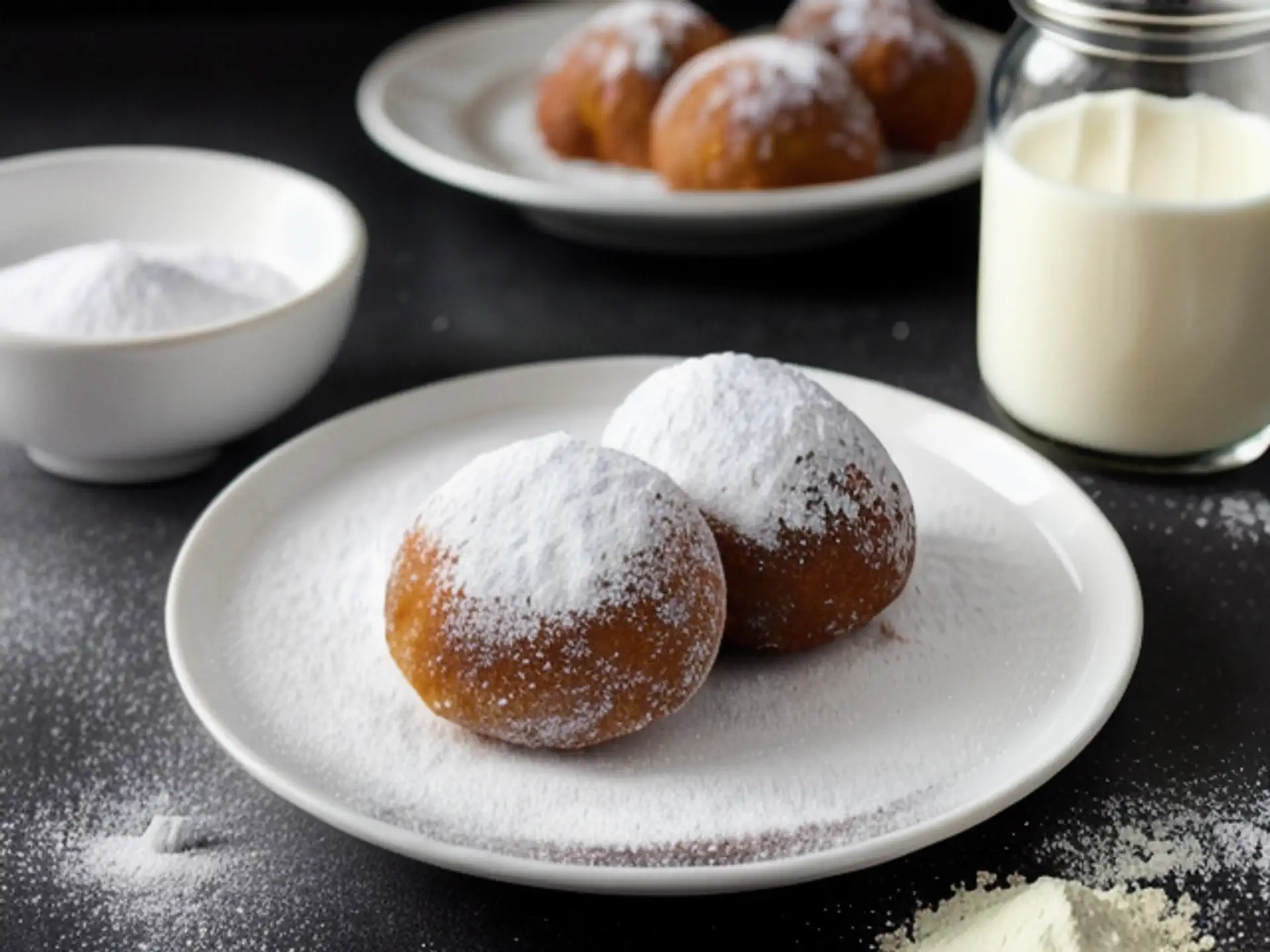 Versgebakken Berliner bollen met poedersuiker en glas melk
