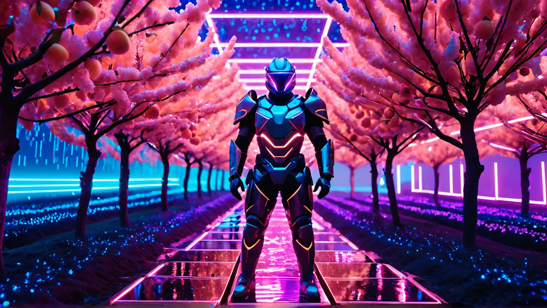 Futuristisch robotharnas in neon landschap met roze kersenbloesems