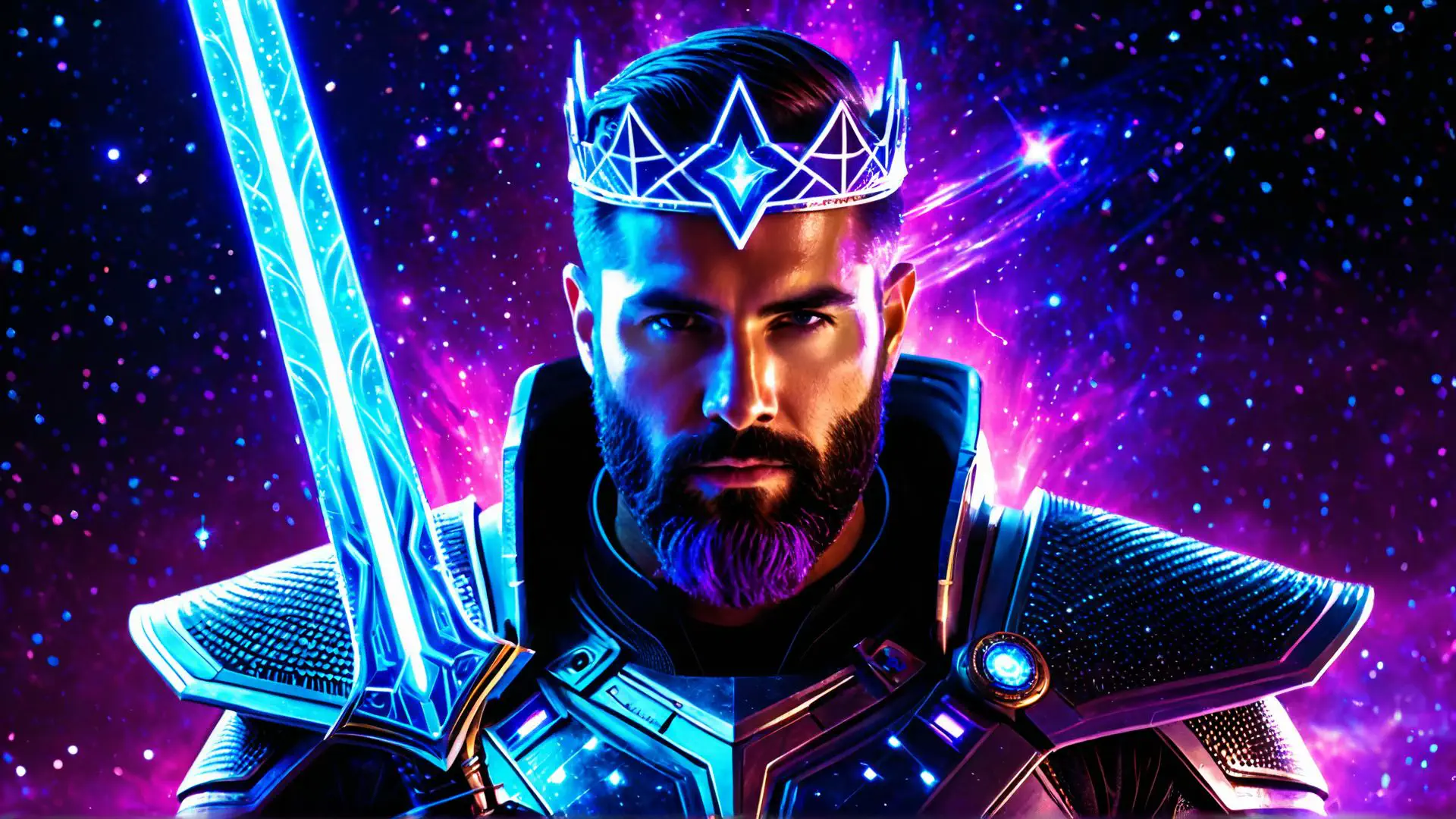 Futuristische krijger met neonzwaard in kosmische fantasiewereld