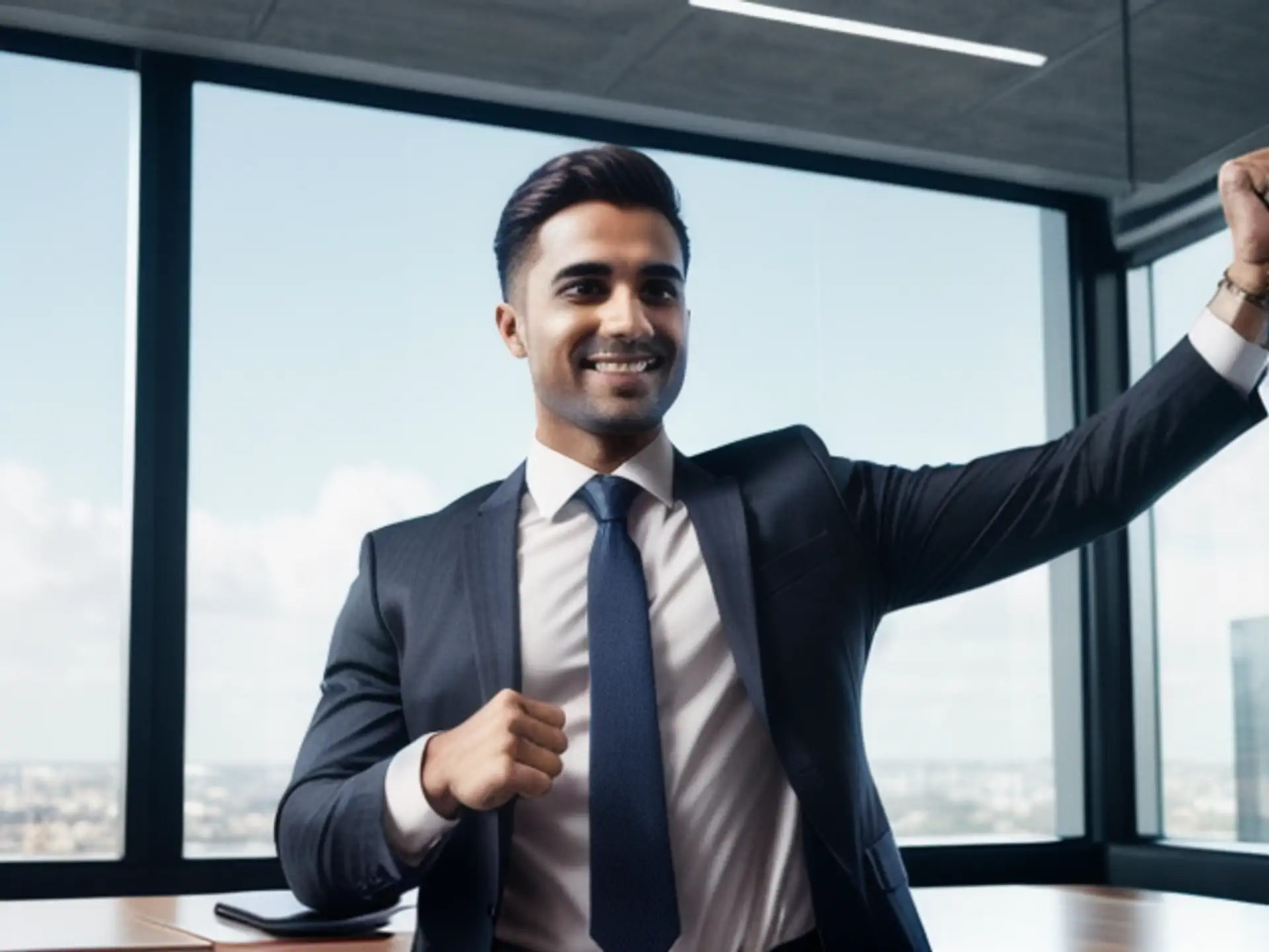 Succesvolle zakenman viert overwinning in modern kantoor met uitzicht