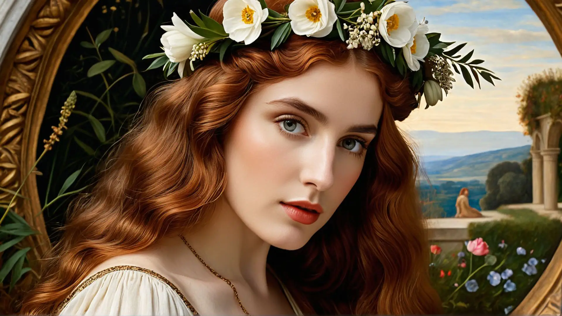 Romantische Renaissance portretfoto met bloemenkrans en natuurdecor