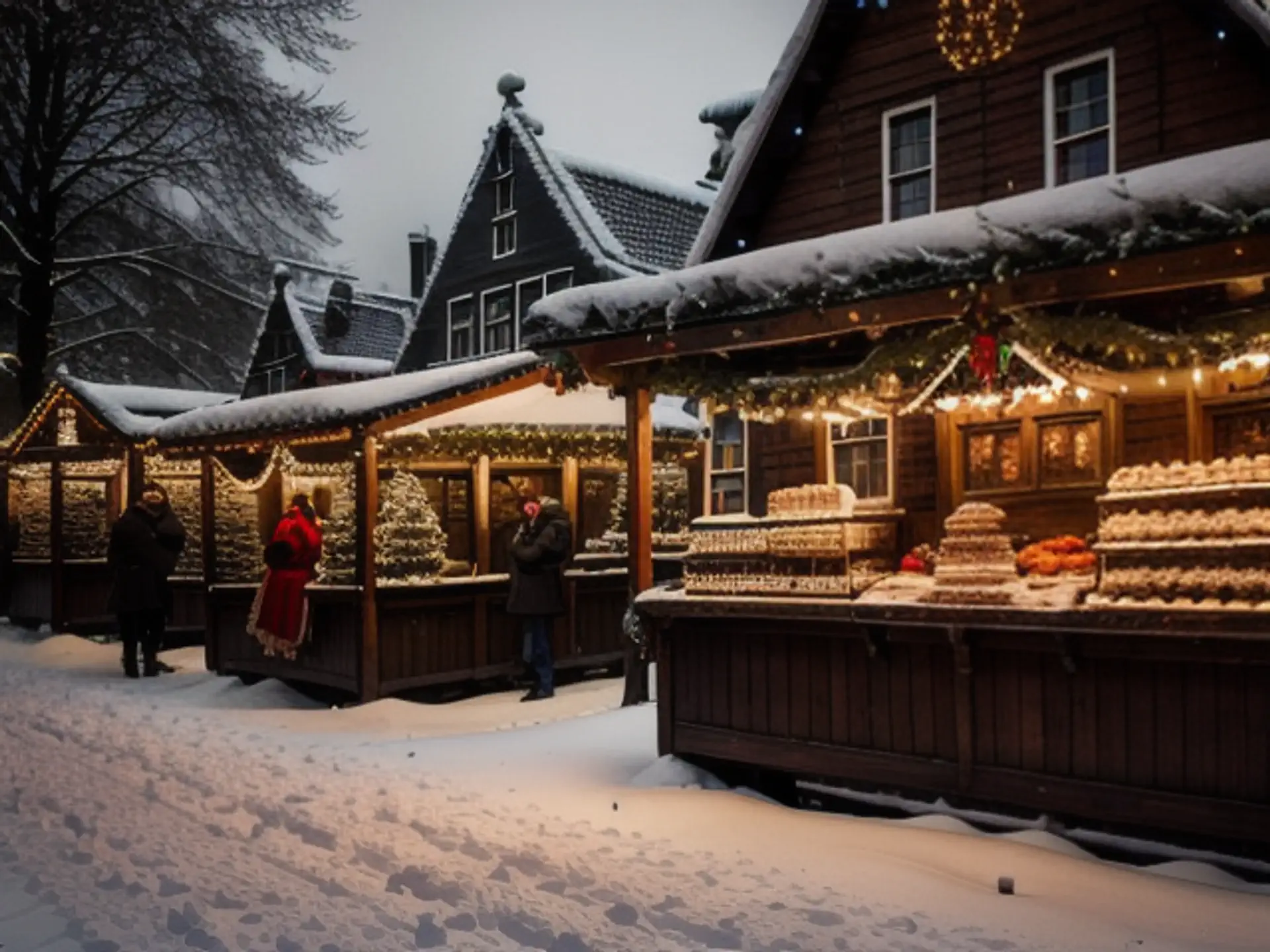 Besneeuwde kerstmarkt met traditionele houten kraampjes in wintersfeer
