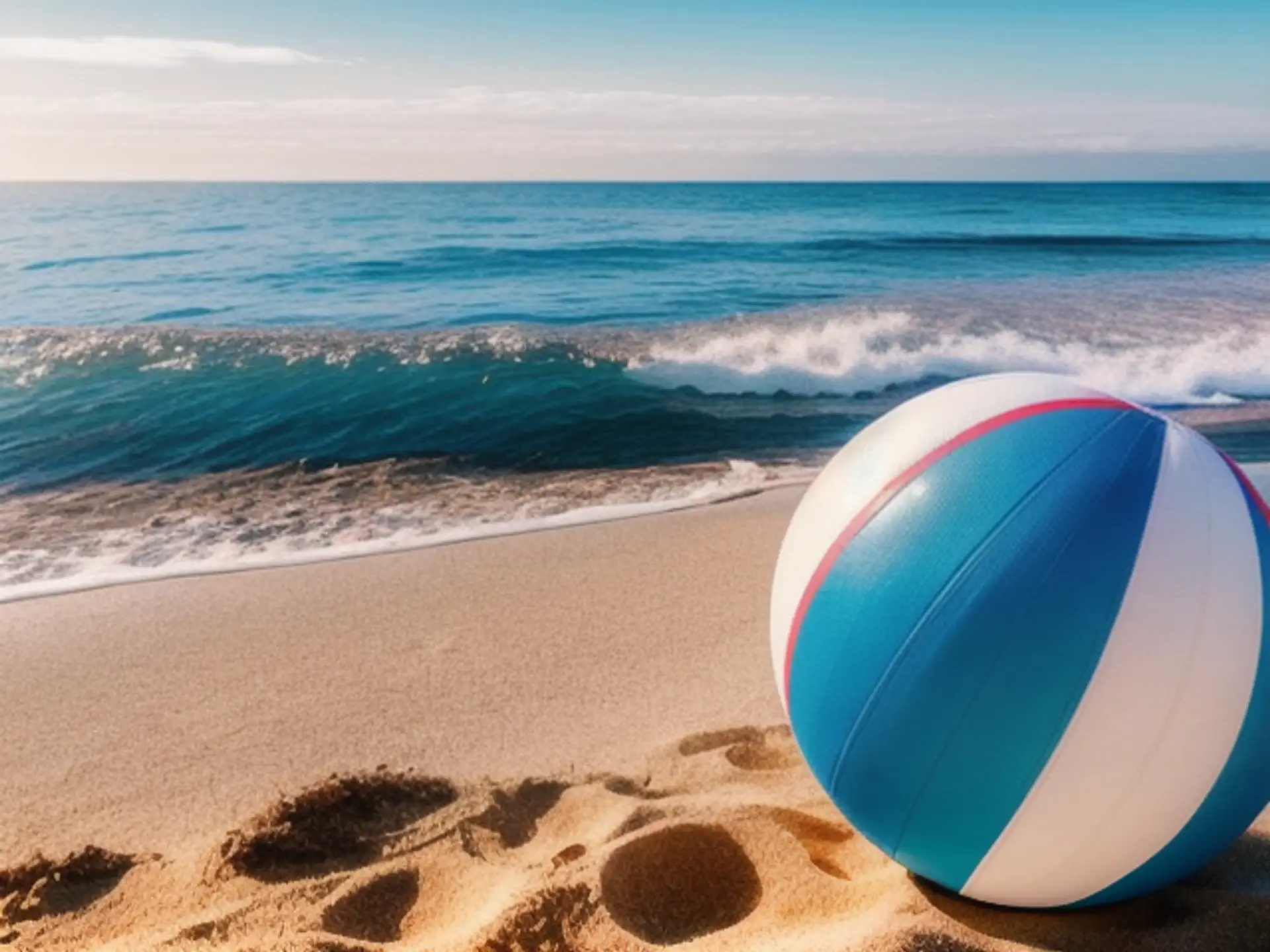 Strandbal op zonnig zandstrand met azuurblauwe golven op achtergrond