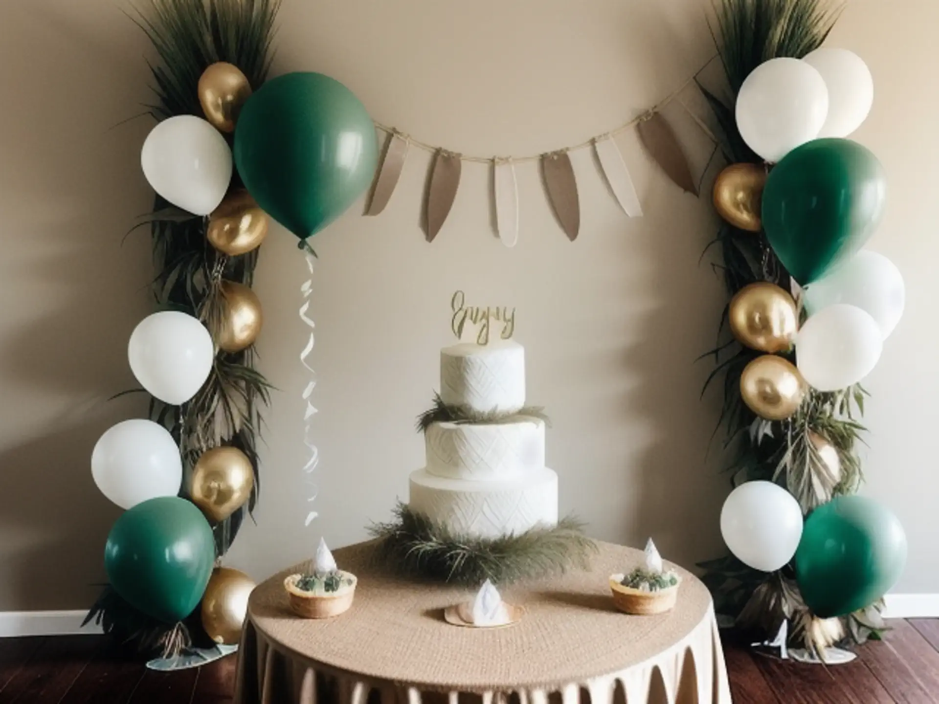 Luxe feestdecoratie met ballonnenboog en taart in goud en smaragdgroen