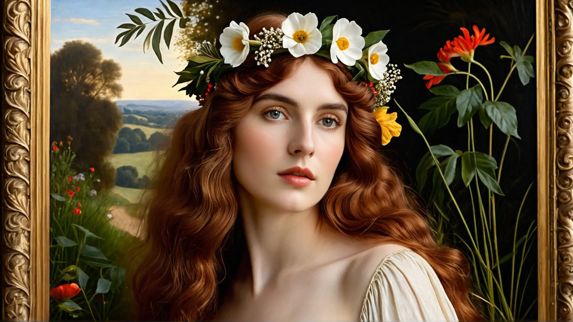Romantische natuurfoto met bloemenkrans en gouden lijst kunstwerk