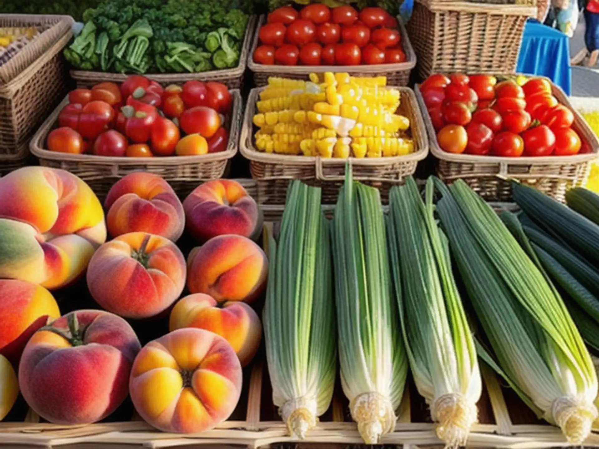 Verse groenten en fruit op boerenmarkt: perziken, tomaten en mais
