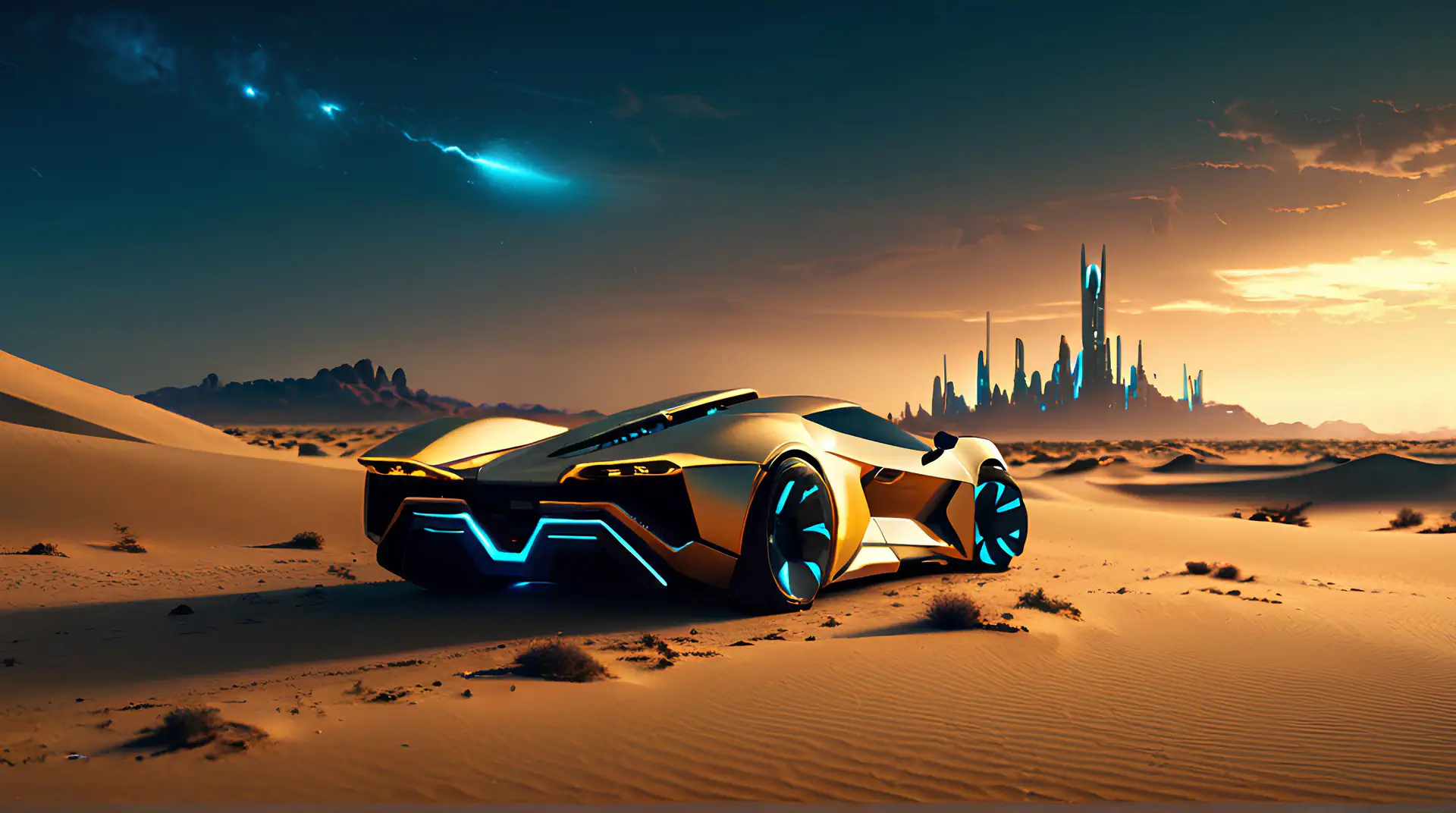 Gouden Hypercar in Science Fiction Woestijnlandschap 4K Wallpaper