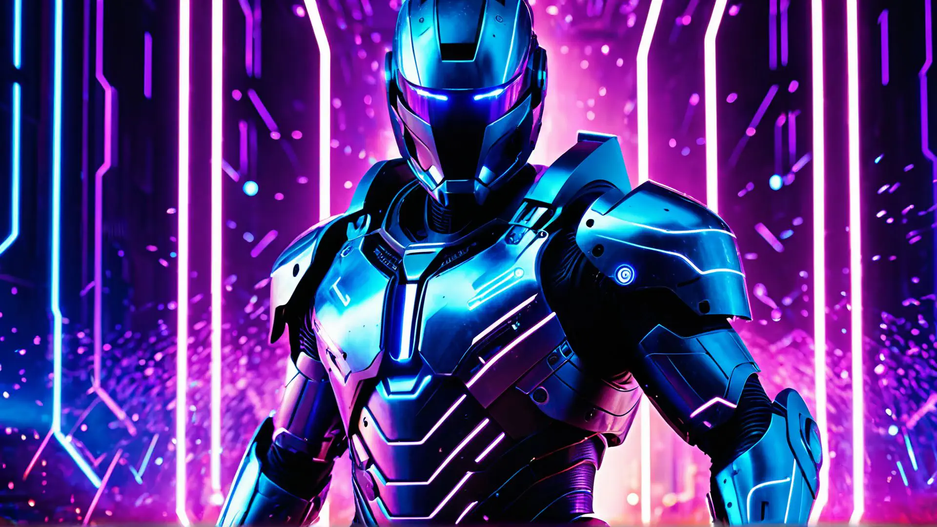 Futuristisch robotharnas in neon blauw met paarse achtergrond