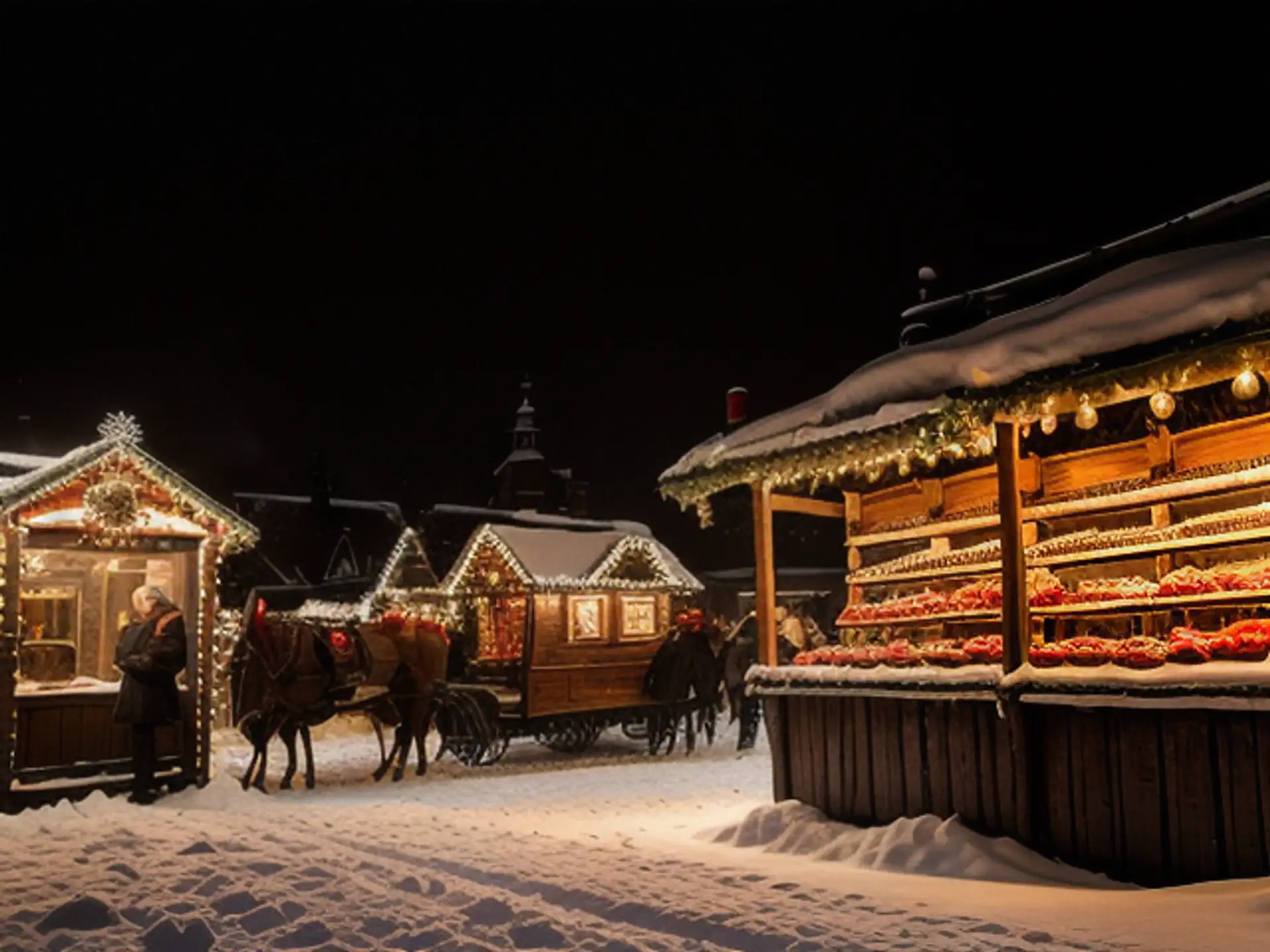 Sfeervol winterdorp met traditionele kerstmarkt en paardenkoets