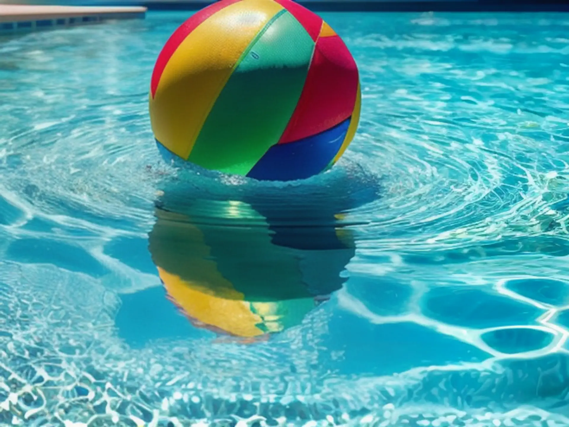 Kleurrijke strandbal drijvend in helder zwembadwater op zomerse dag