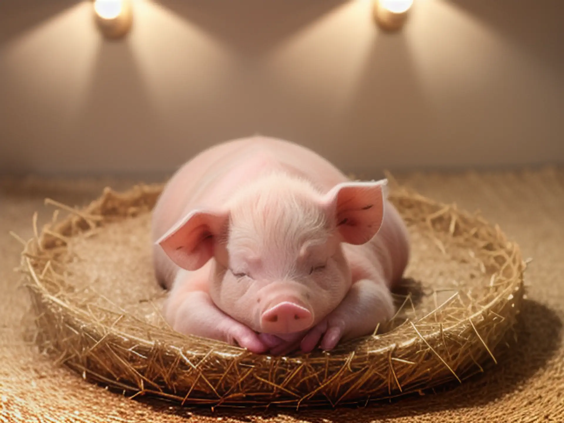 Schattig slapend biggetje op stro onder warme sfeerverlichting