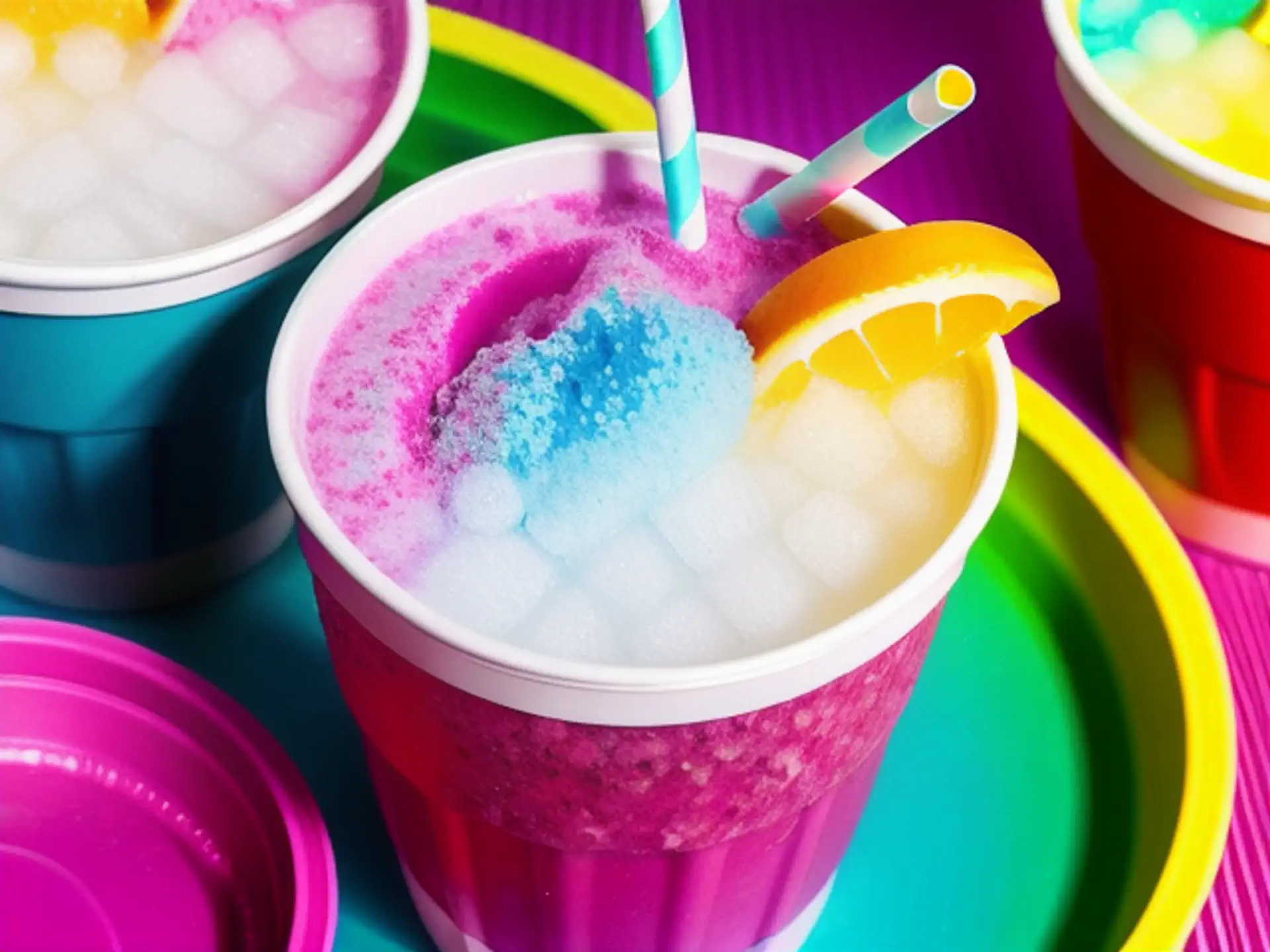 Kleurrijke zomercocktail met crushed ice en sinaasappel garnering