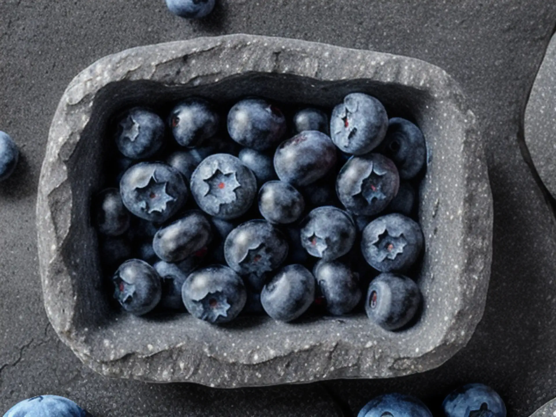 Verse blauwe bessen in rustieke stenen schaal - natuurlijke food
