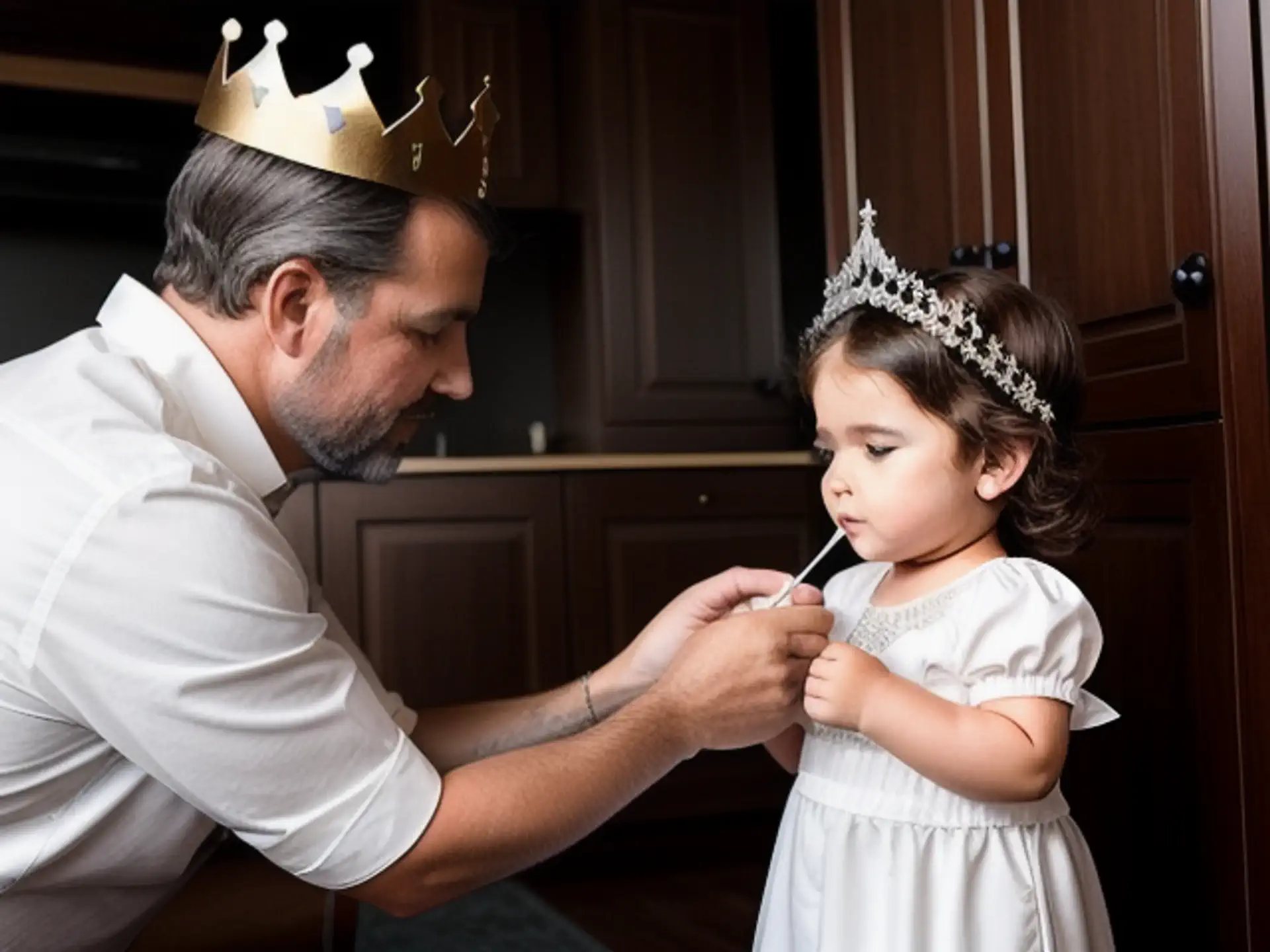 Magisch vader-dochter moment met prinsessenkroon en speelse verkleding
