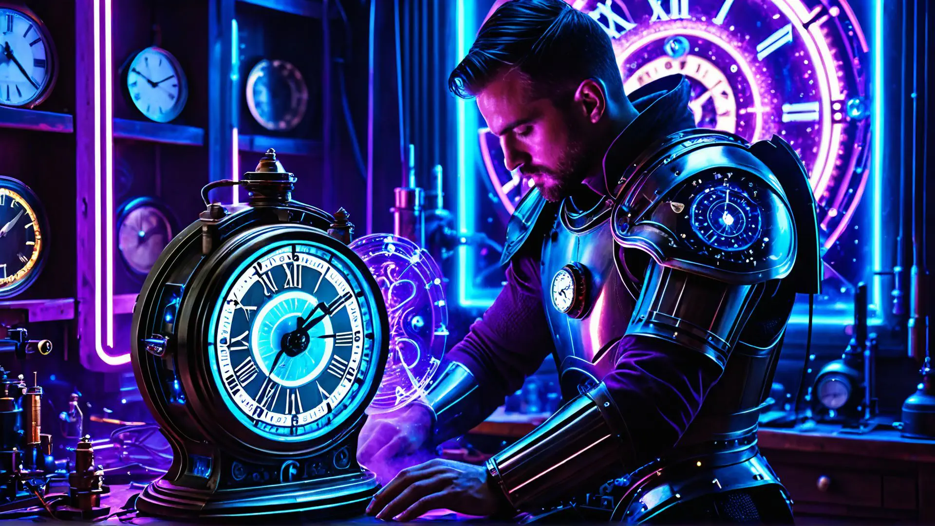 Futuristische tijdreiziger in neon verlichte klokkenwinkel