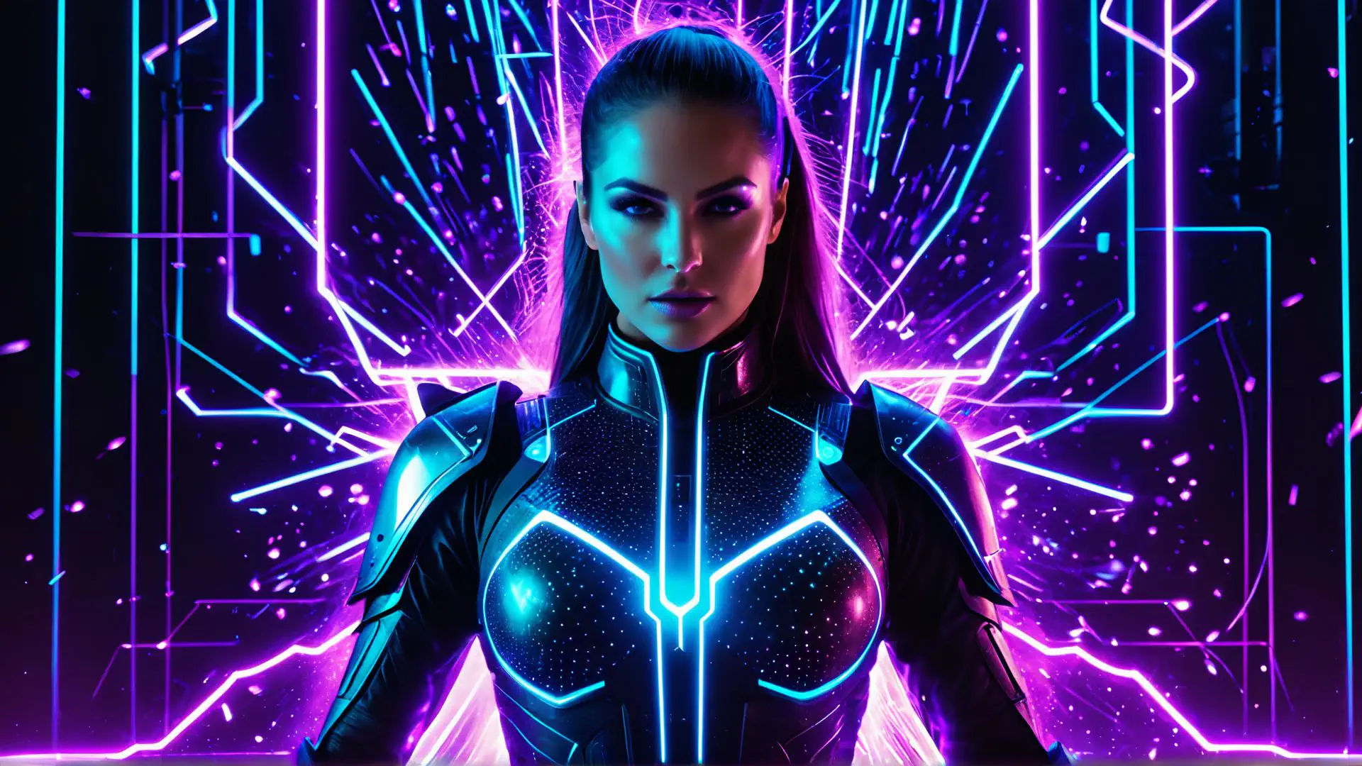 Futuristische neon portretfoto met cyberpunk kostuum en lichteffecten