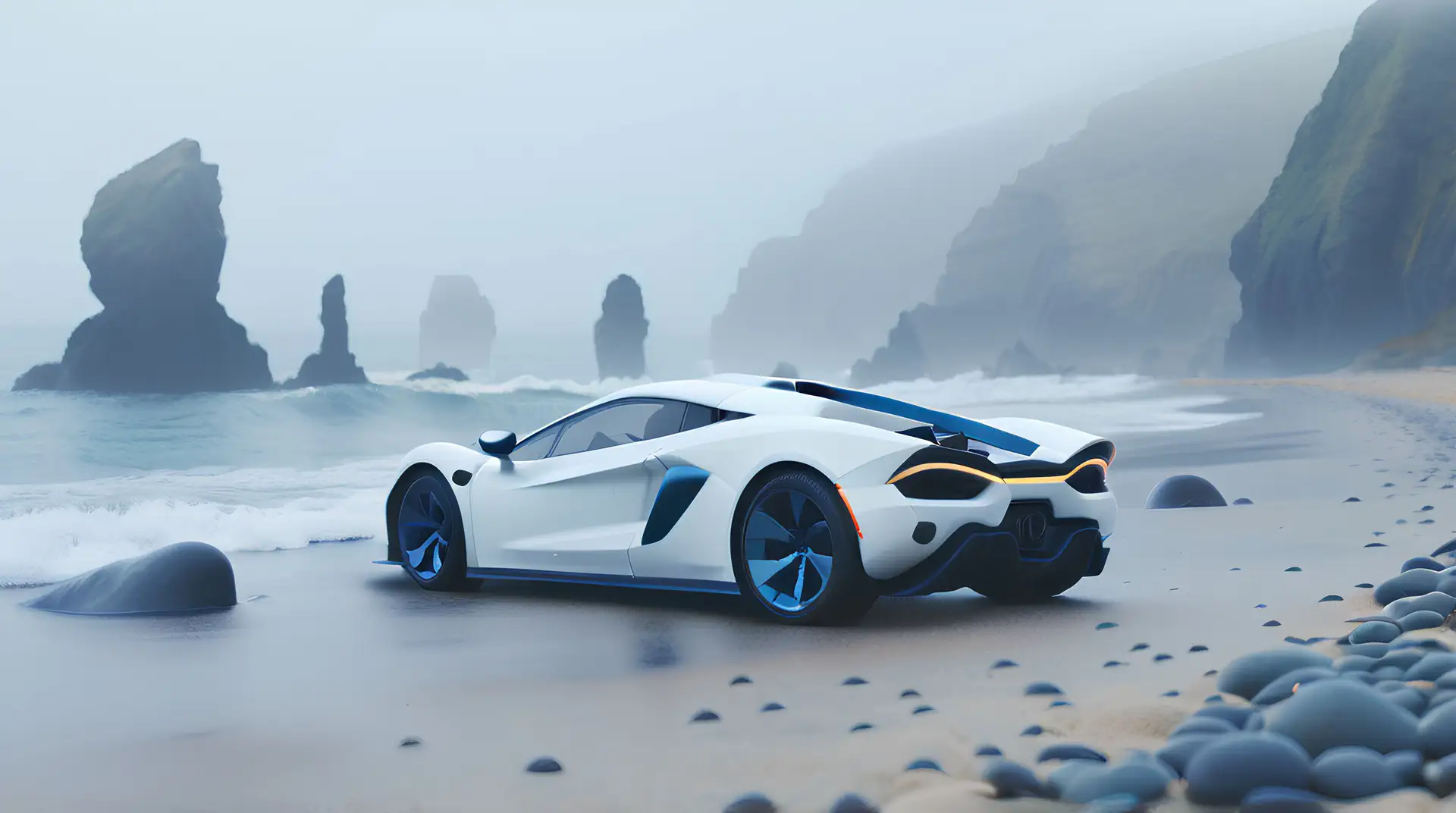 Witte Hypercar met Blauwe Accenten op Mistig Strand 4K Wallpaper