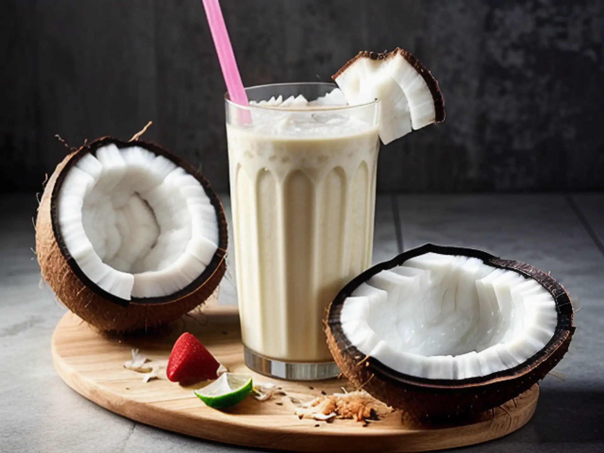 Tropische kokos smoothie met vers fruit op houten serveerplank