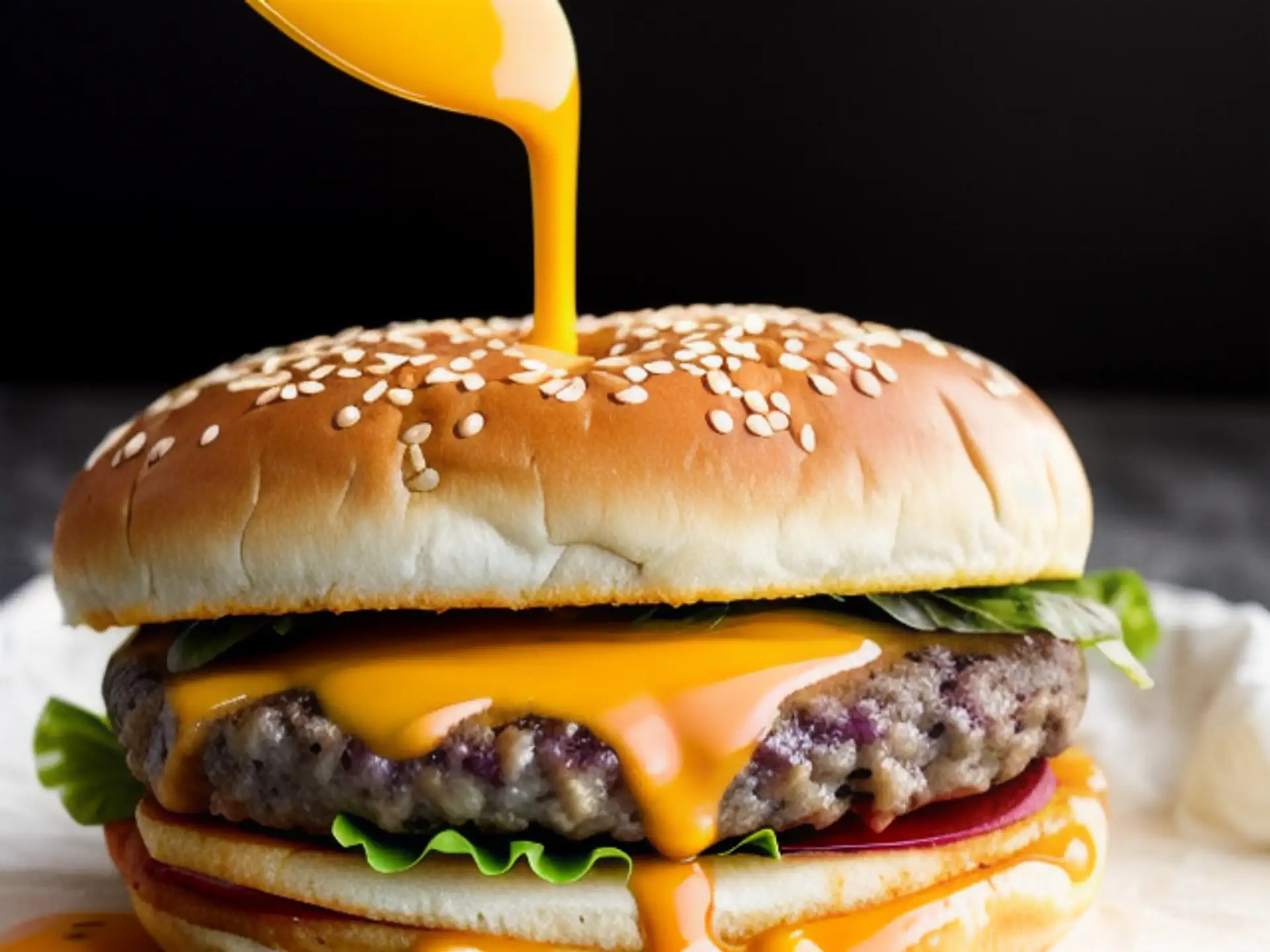 Sappige cheeseburger met gesmolten kaassaus en sesambroodje