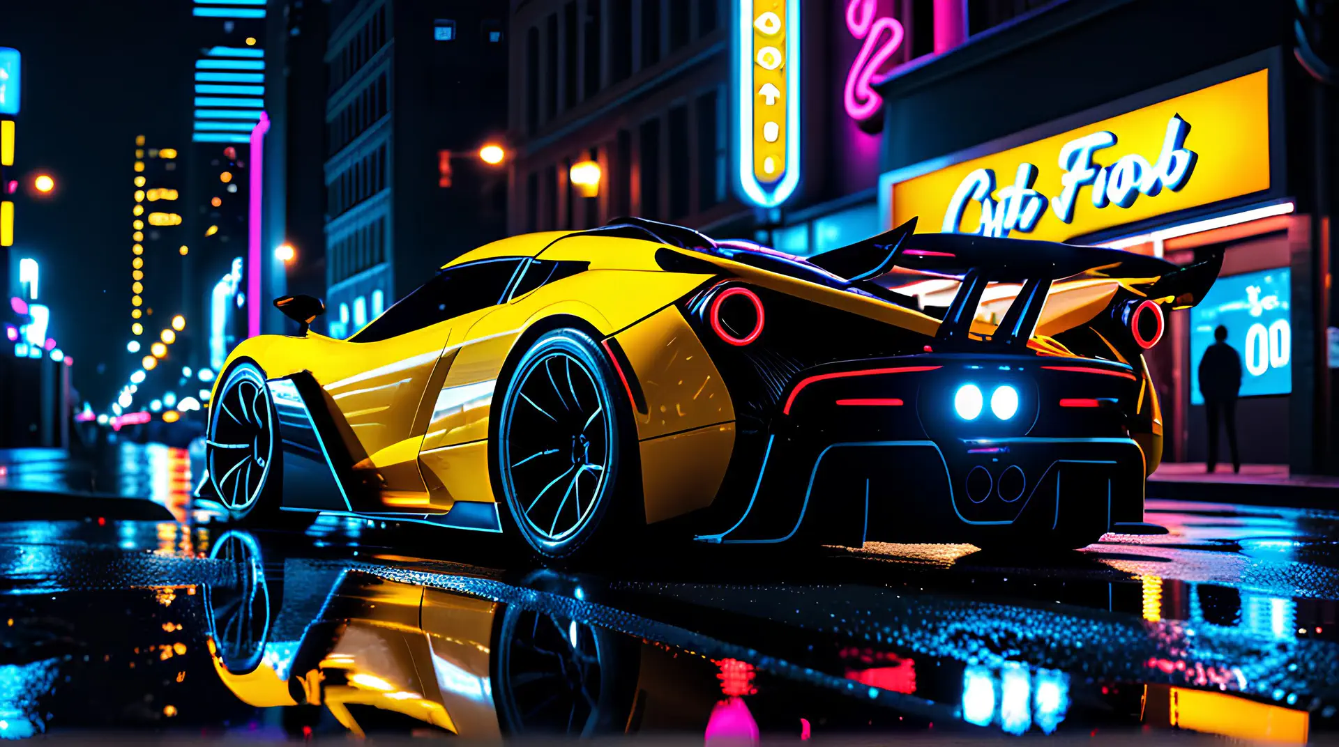 Felgele Supercar met Rode Achterlichten in Neon Verlichte Nachtstad