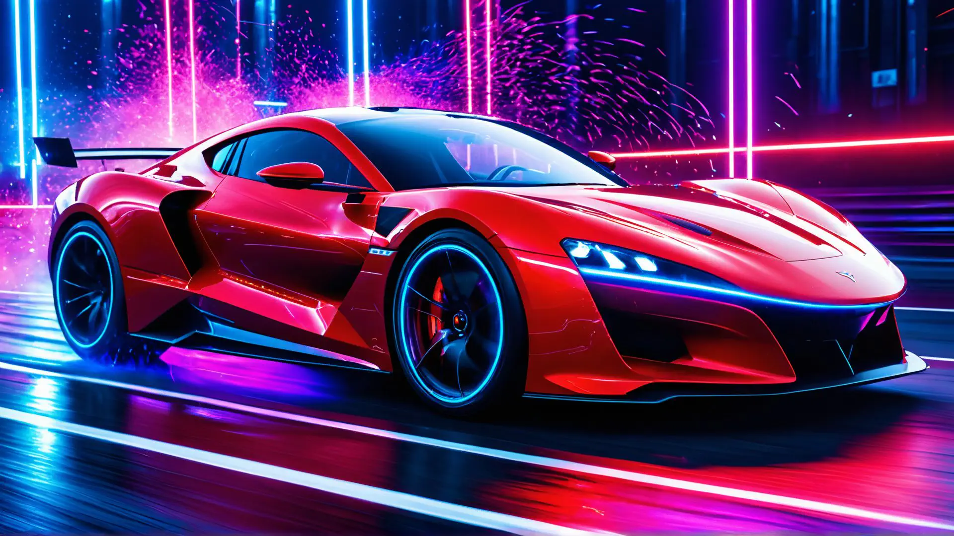 Futuristische rode supercar in neon cyberpunk straatrace setting
