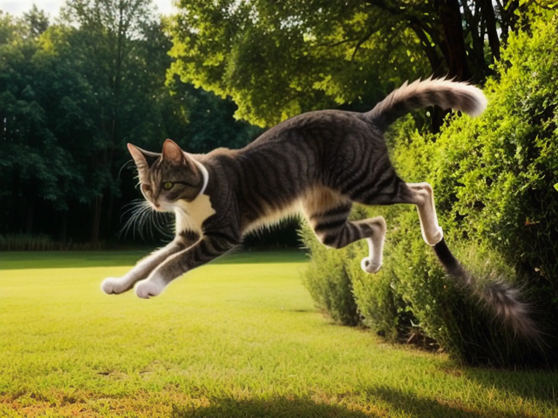 Springende kat in zomerse tuin tijdens gouden uurtje fotografie
