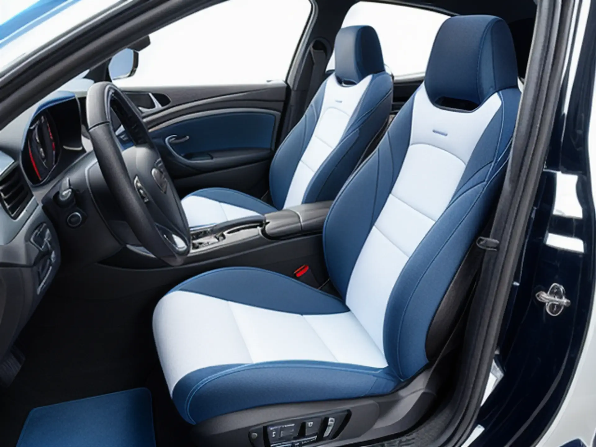 Luxe autointerieur met two-tone lederen sportstoelen in blauw en wit