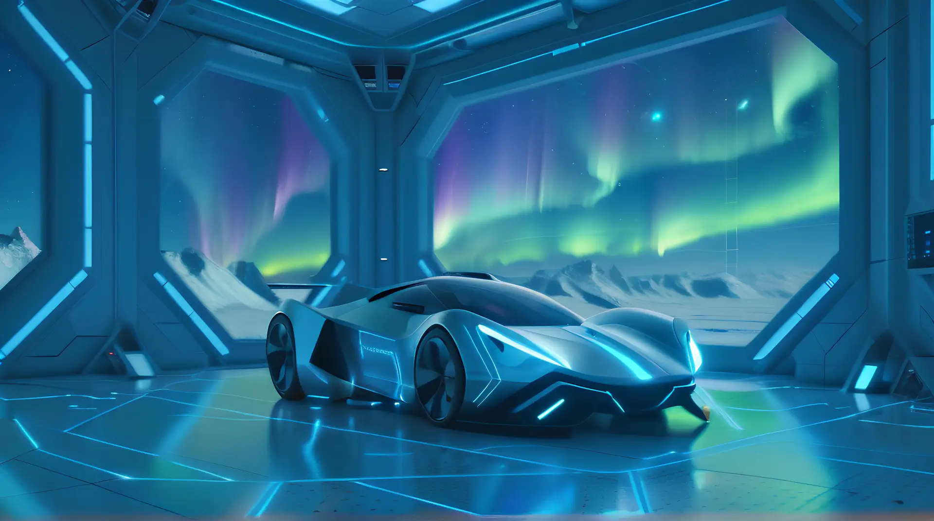 Futuristische Blauw-Zilver Hypercar in Noorderlicht Ruimtestation 4K Wallpaper