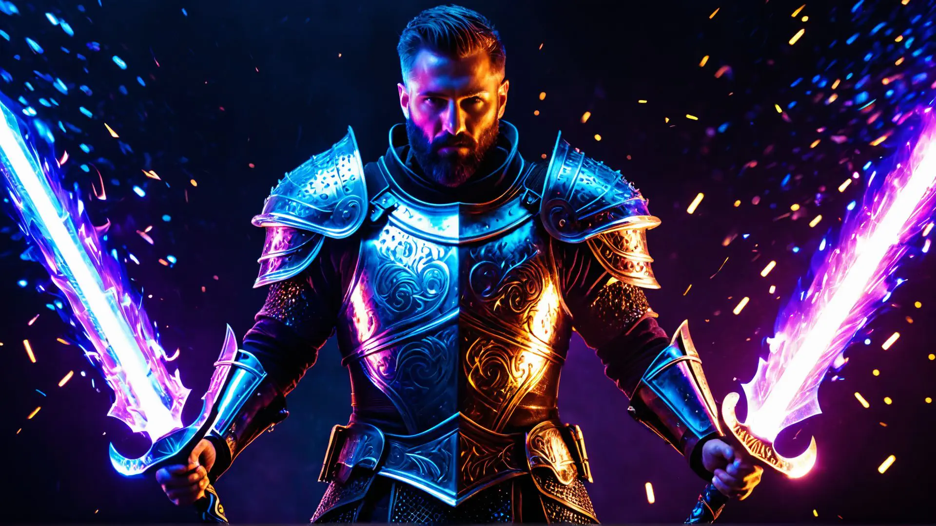 Epische fantasy krijger in magisch harnas met lichtgevende zwaarden