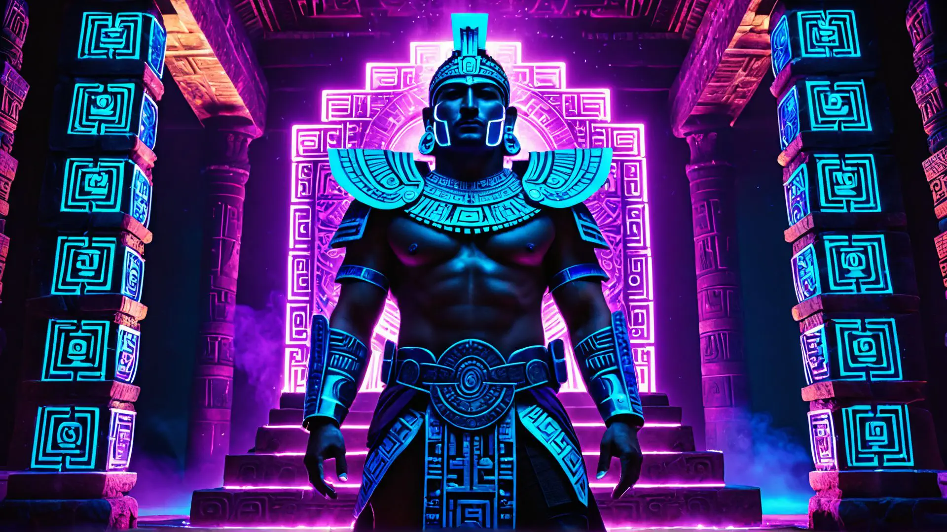 Mystieke Maya krijger in neon tempel met futuristische verlichting