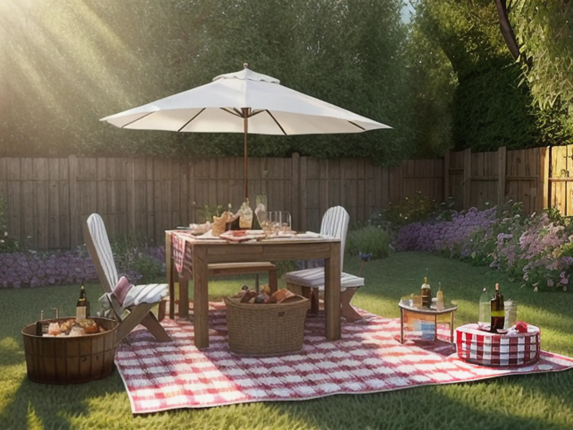 Sfeervolle picknickset in zomerse achtertuin met parasol