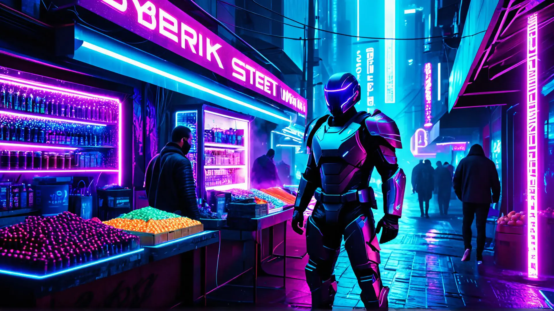 Futuristische cyberpunk straatscène met neonverlichting en robot