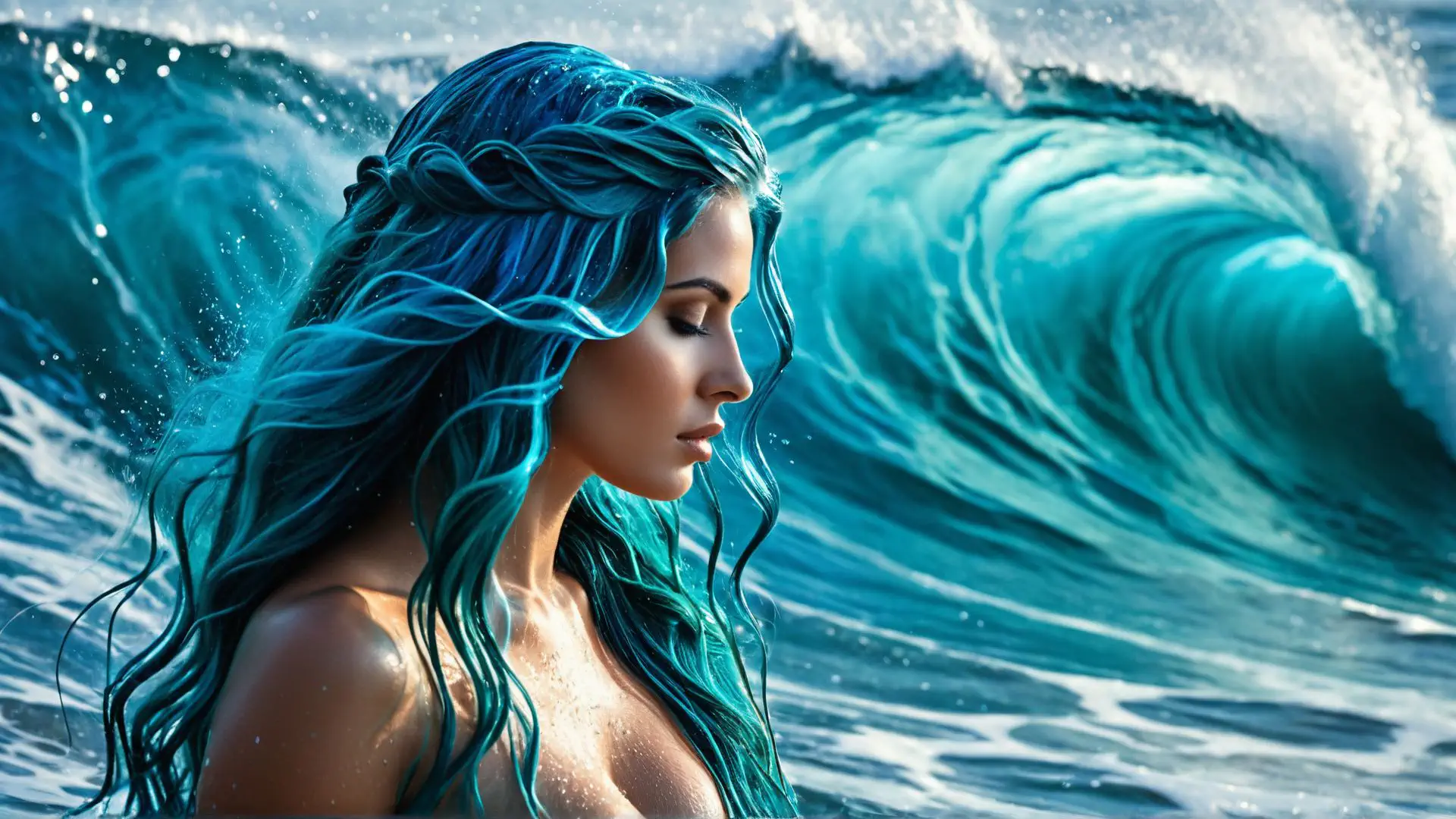 Mysterieuze zeemeermin kunst met turquoise golven en oceaansfeer
