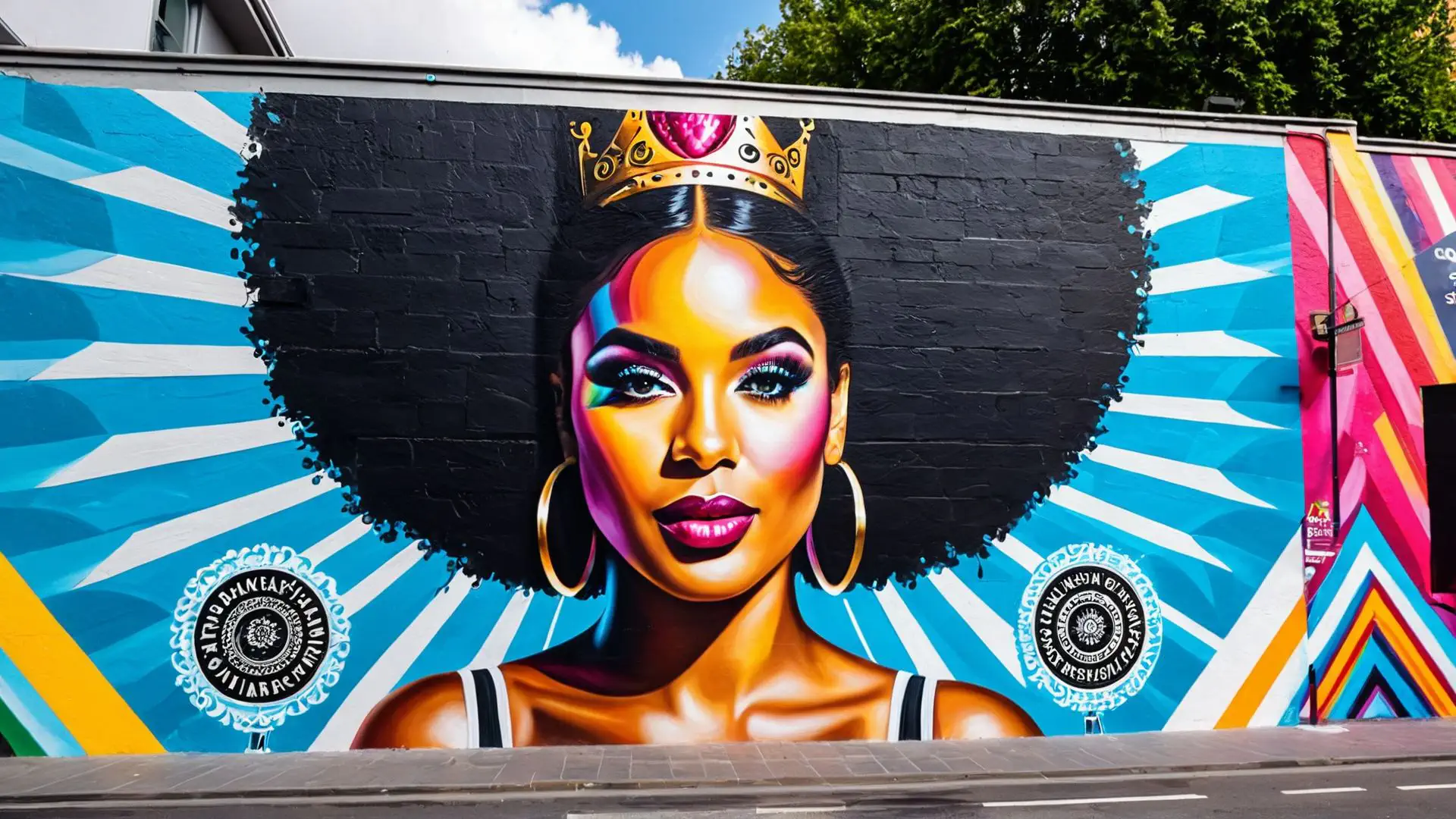 Kleurrijke street art muurschildering met afro en kroon in urban stijl