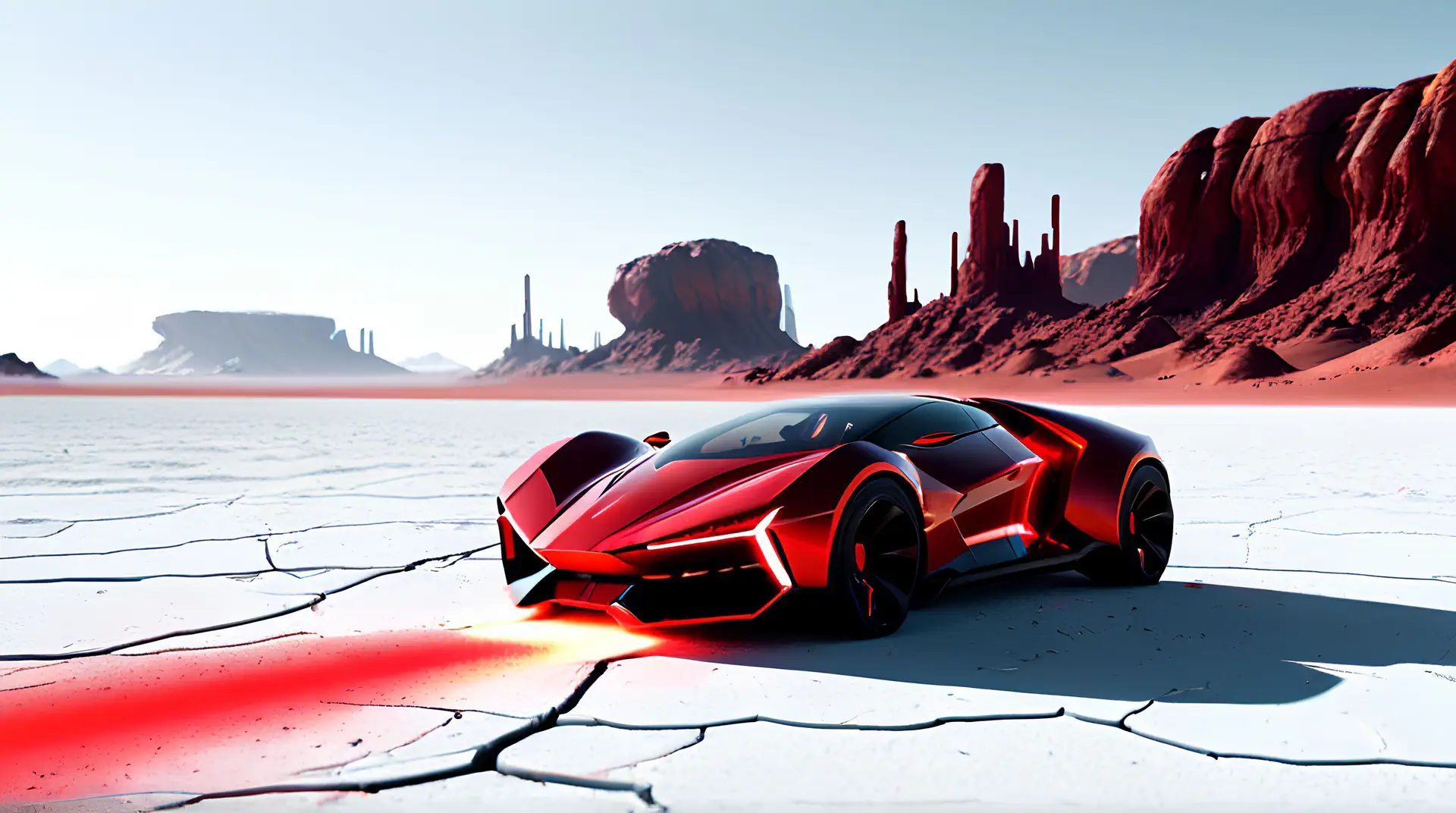 Rode Supersportwagen in Monument Valley Zoutwoestijn 4K Wallpaper