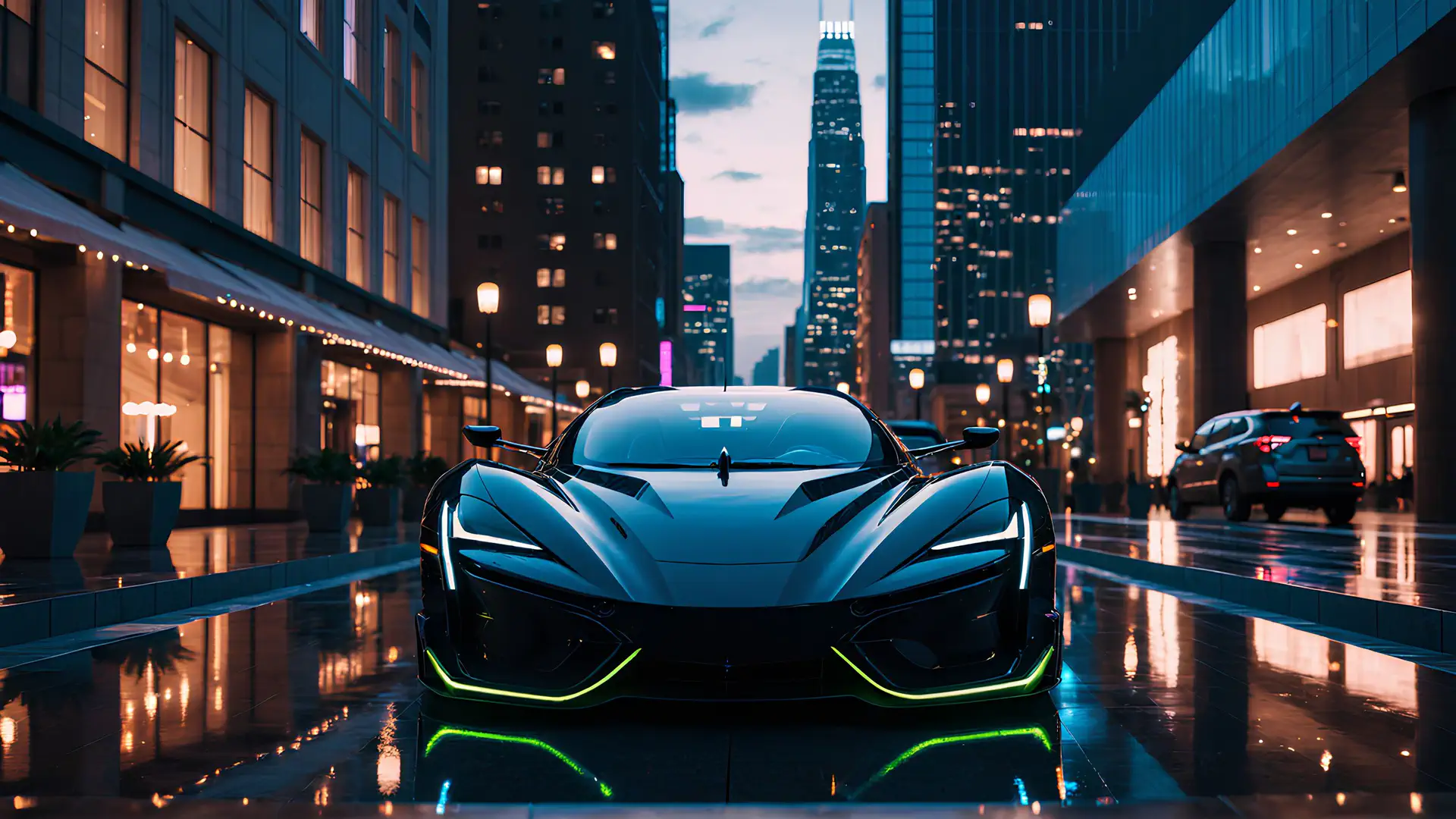 Zwarte Hypercar met Groene Neonaccenten in Luxe Stadscentrum bij Avond