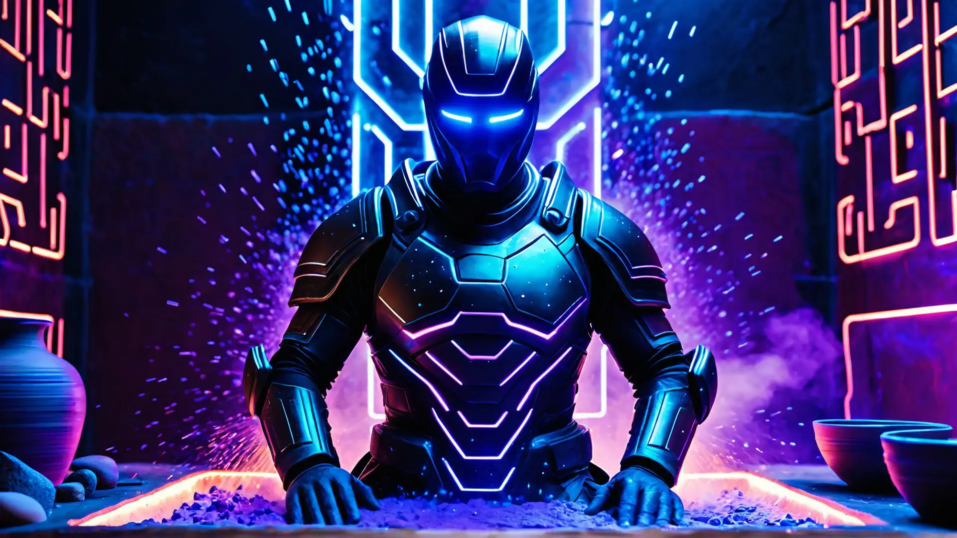 Futuristische robot in neon cyberpunk setting met paarse verlichting