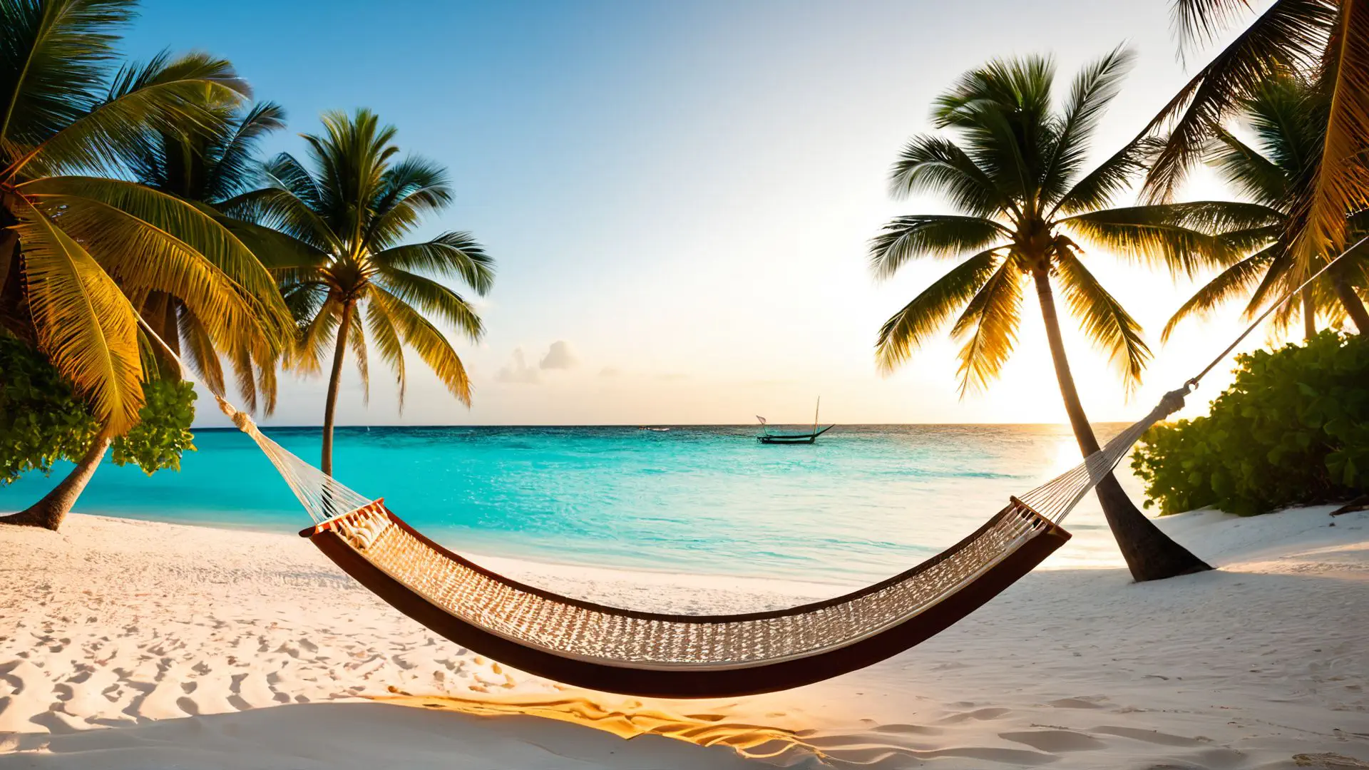 Tropische hangmat tussen palmbomen bij turquoise zee tijdens