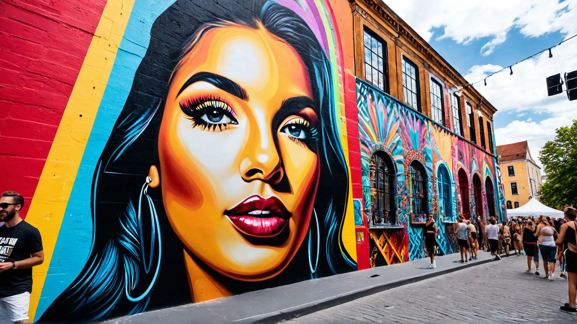 Kleurrijke street art muurschildering op stedelijk kunstfestival