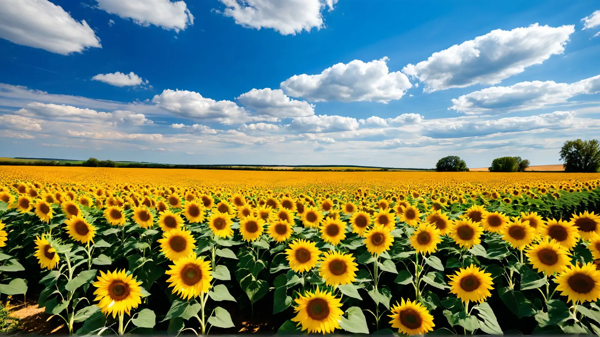 Uitgestrekt zonnebloemenveld onder stralend blauwe zomerlucht