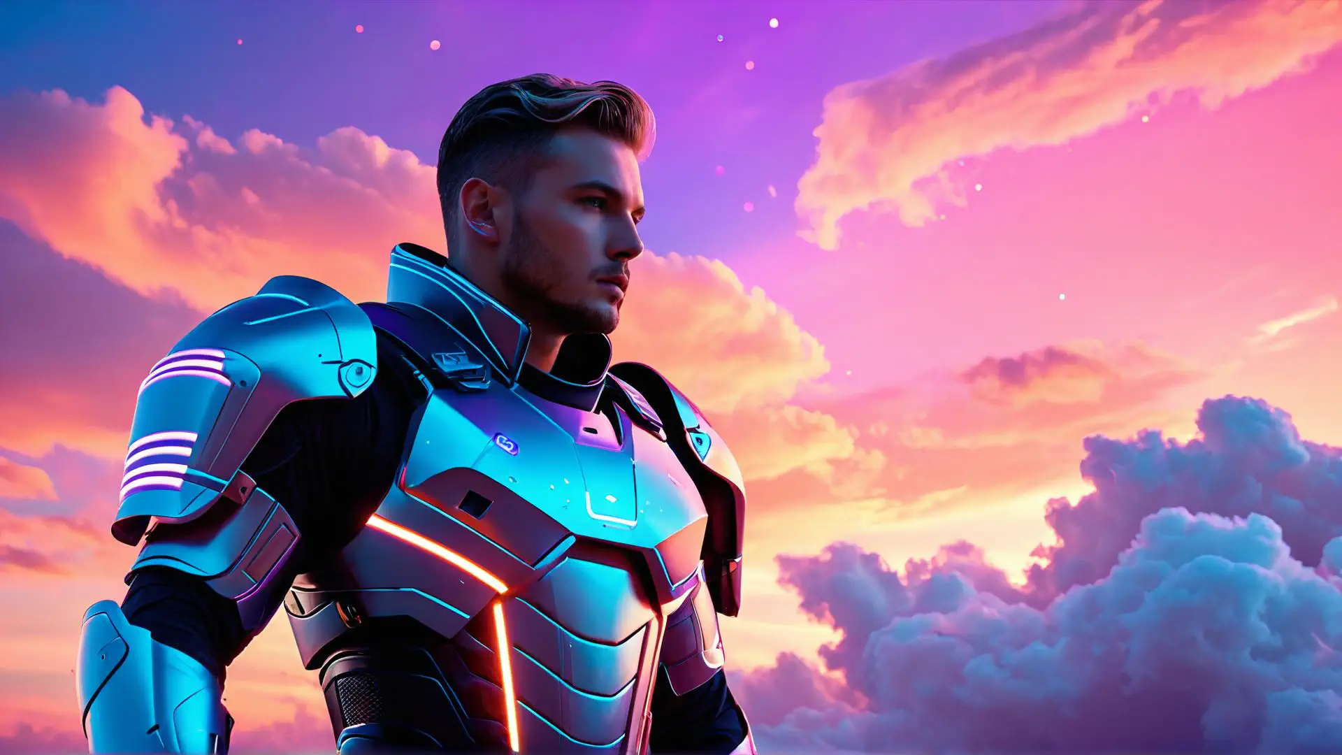 Futuristisch cyberpunk portret met neonblauwe robotpak