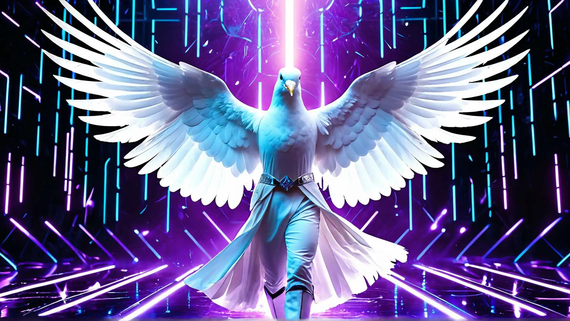 Mystieke duif met uitgespreide vleugels in neon cyberpunk setting