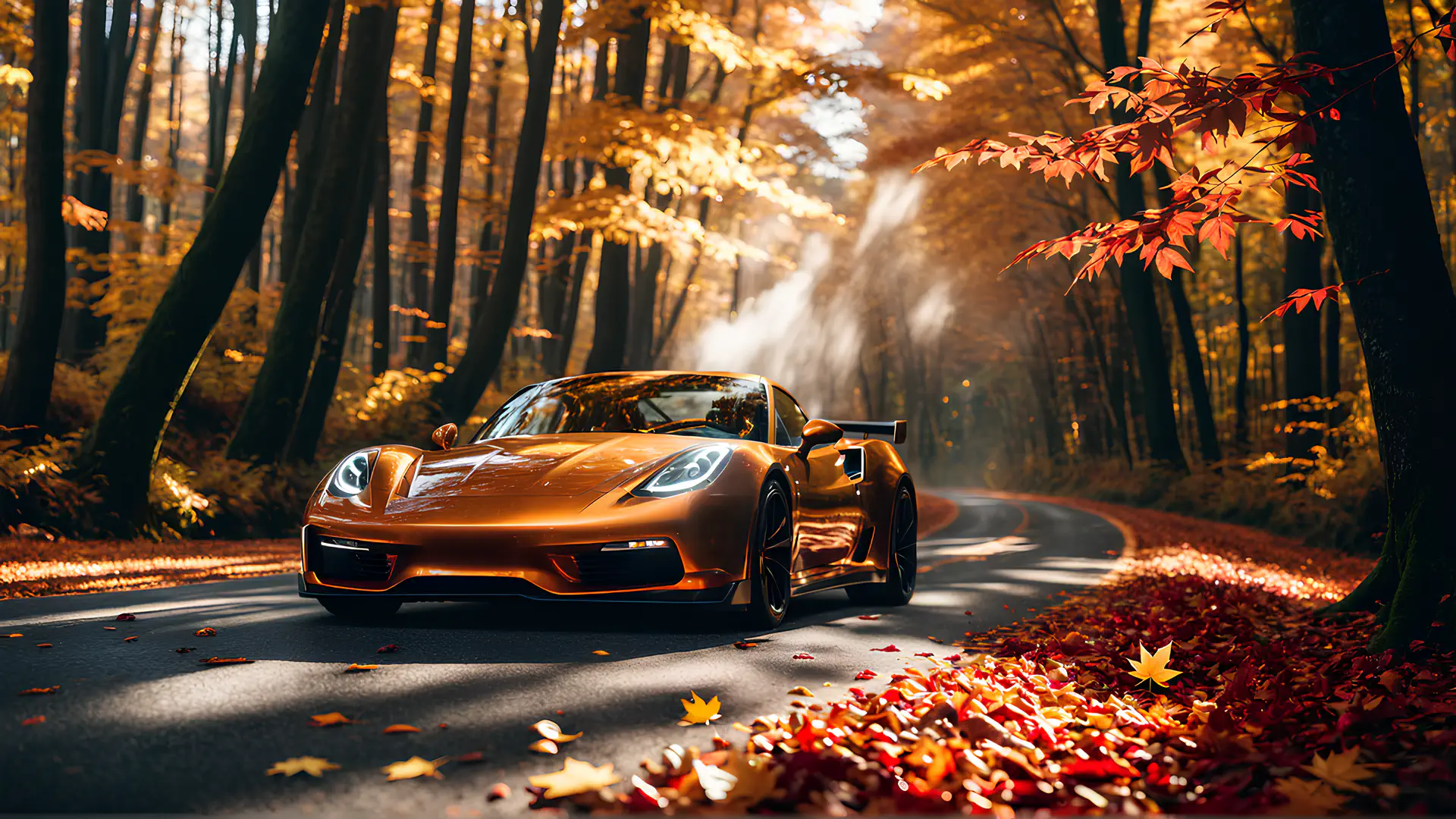 Amber Sportwagen op Bochtige Bosweg in Betoverend Herfstlandschap