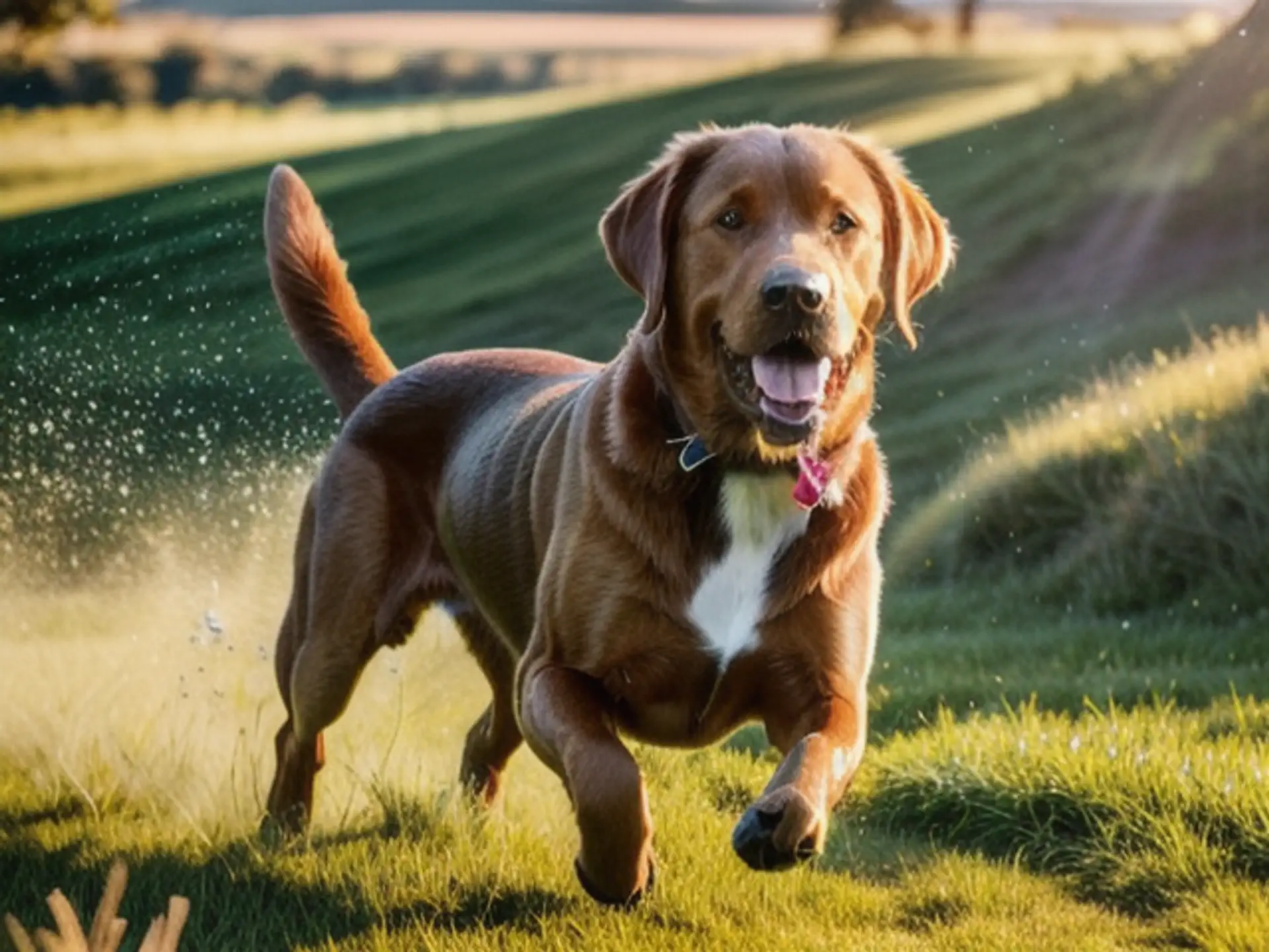 Vrolijke labrador rent door zonnig veld tijdens gouden uurtje