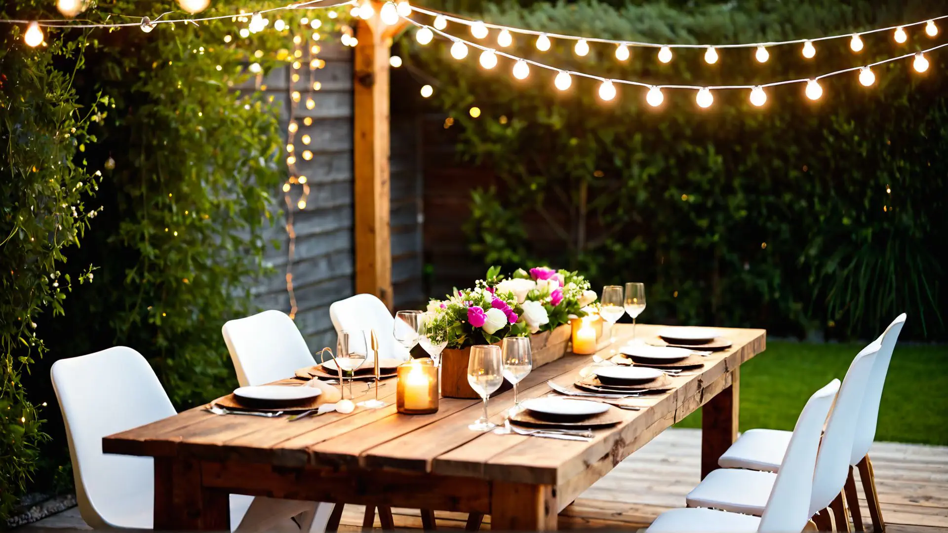 Sfeervolle tuintafel met lichtslingers voor zomeravond dineren buiten