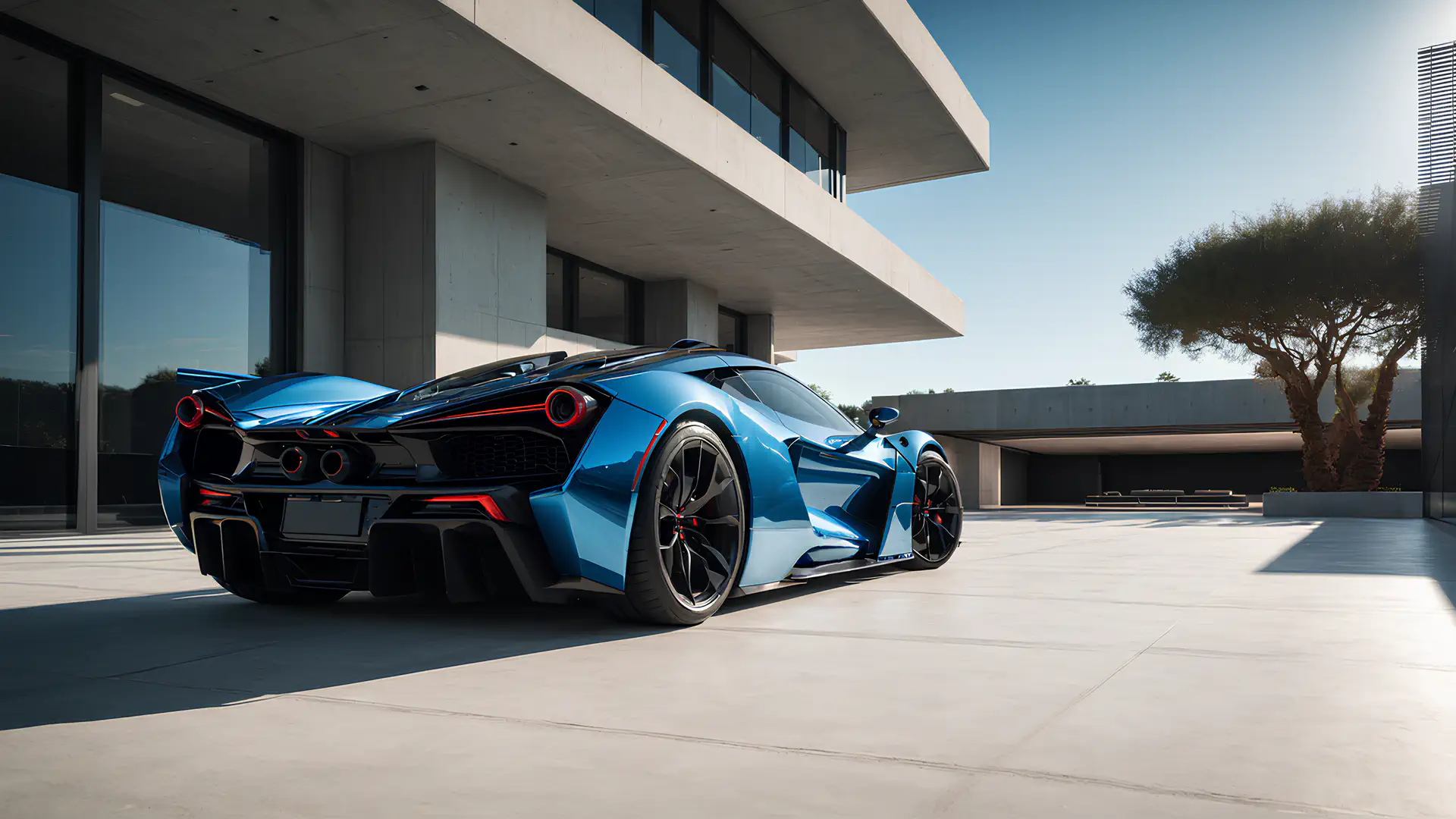 Elektrisch Blauwe Hypercar met Rode Accenten bij Moderne Betonvilla