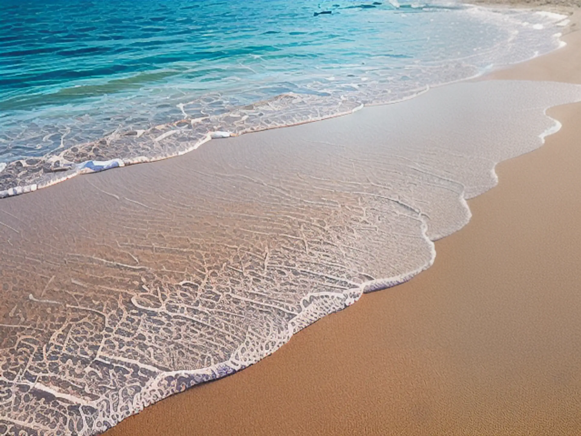 Turquoise zeegolven op zandstrand tijdens gouden zonsondergang