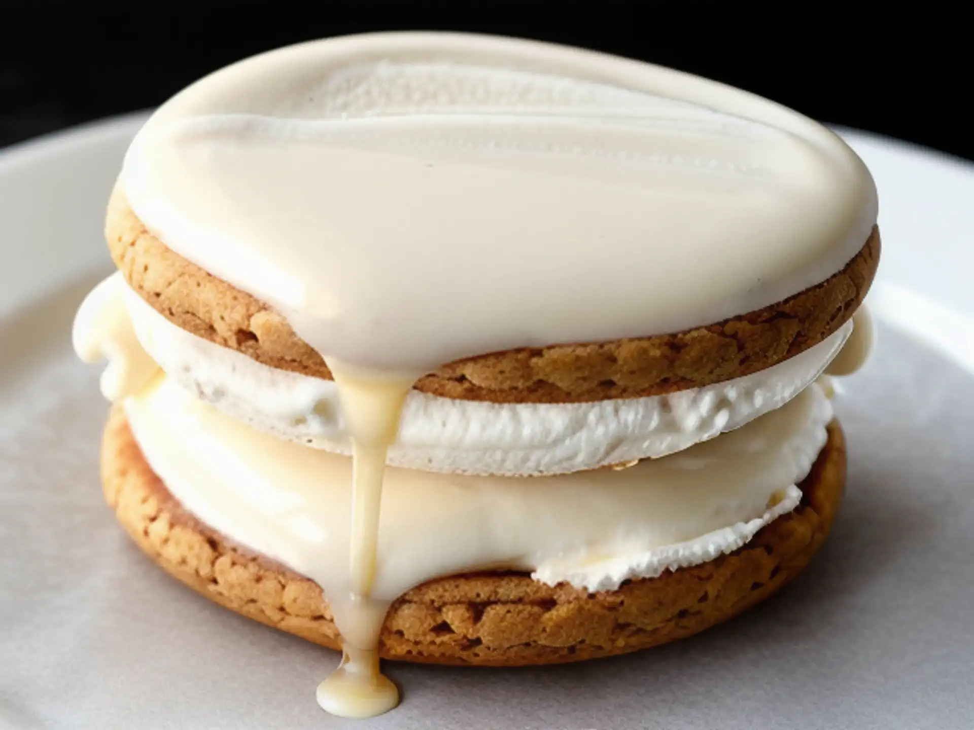 Luxe cookie sandwich met witte chocolade en roomvulling op wit bord