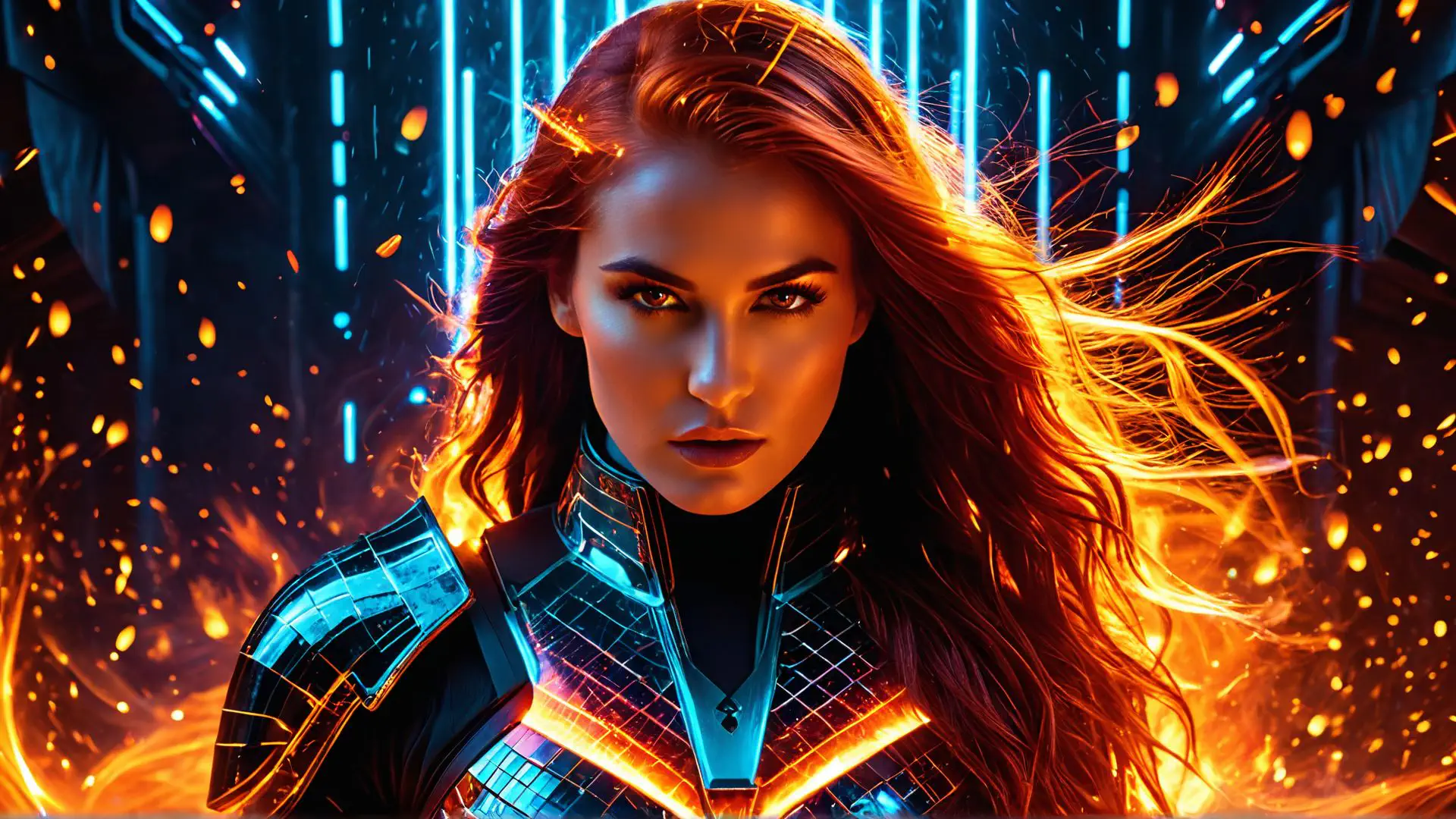 Futuristische fantasy-portret met vuur en neon effecten